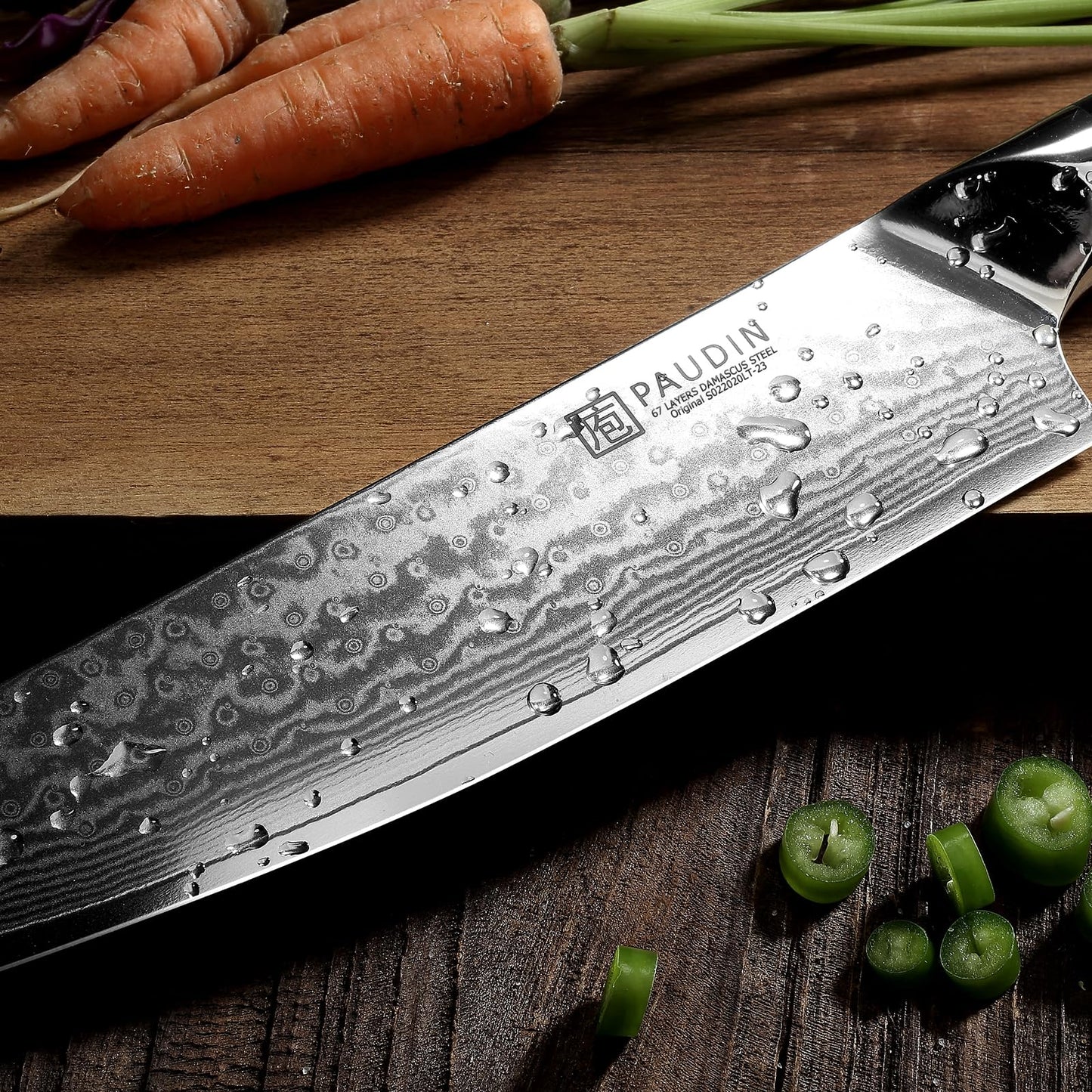 PAUDIN 8 inch Damascus Chef Knife, Kitchen Knife with Ergonomic G10 Handle, Sharp Japanese VG10 Steel Blade.