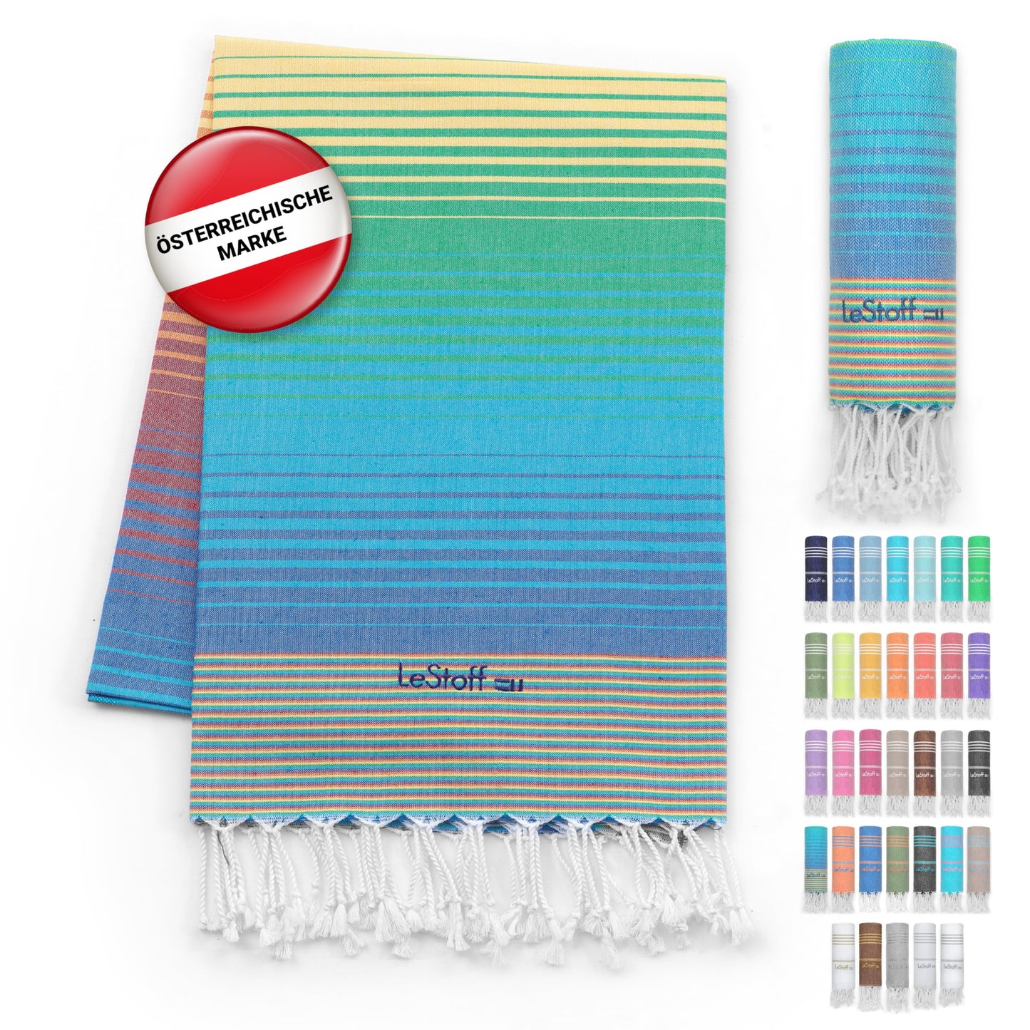 LeStoff Hammam towel - 100% organic cotton, 95 x 180 cm, pre-washed, absorbent, quick-drying, lightweight, compact, sand-free, beach towel, travel towel, bath towel, large hand towel, lounging towel (Rainbow)