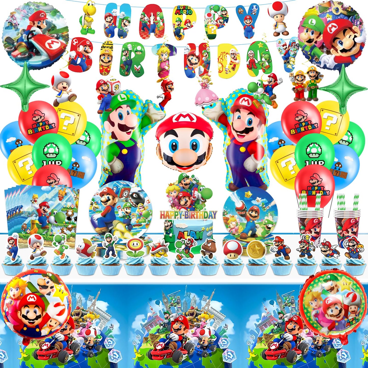 102Pcs Ma Rio paper plates children's birthday decor Super Bros birthday tableware set birthday decorations party tableware party decor tablecloth napkins plates and cups balloon banner cake decoration for 20 guests.
