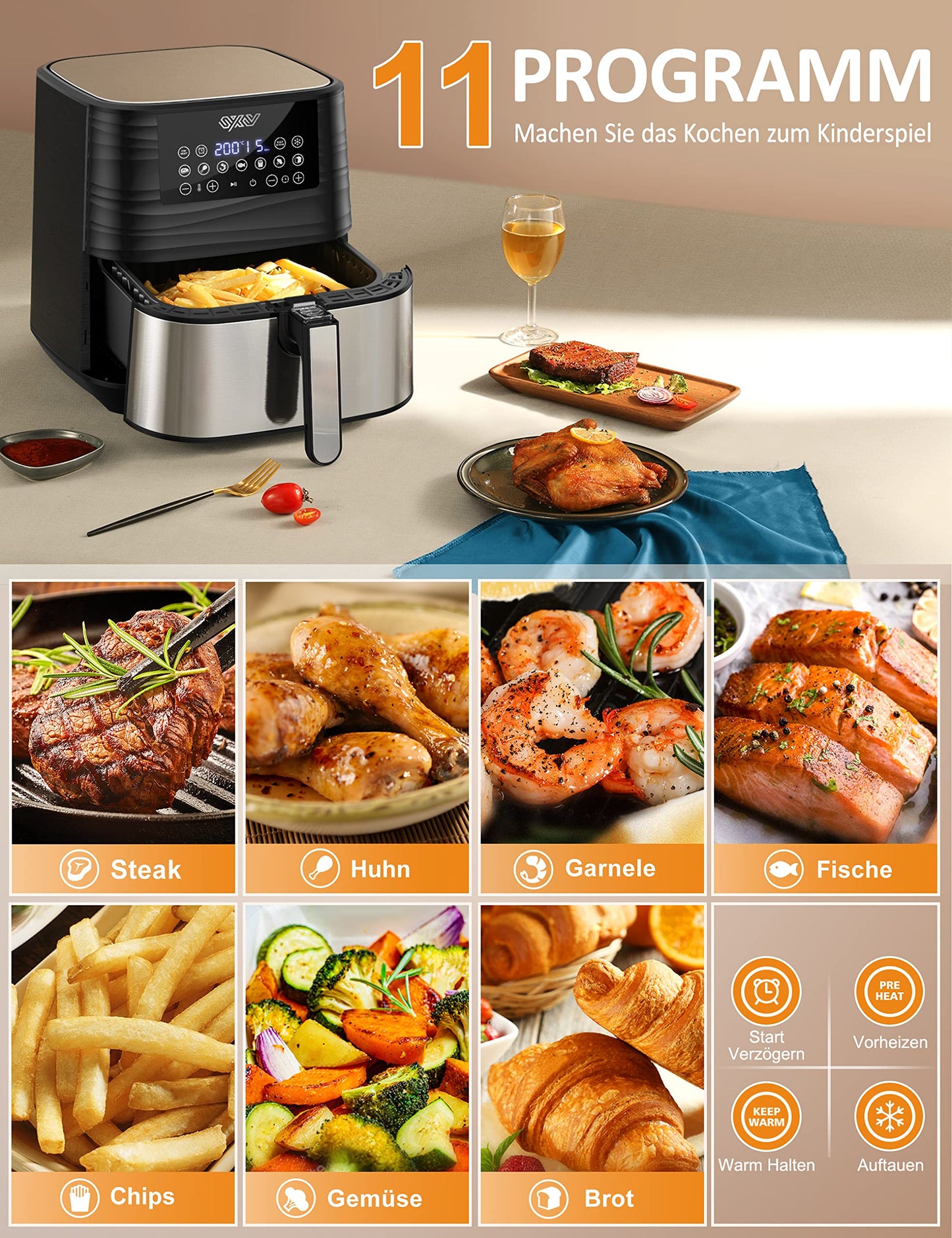 Innsky hot air fryer 5.5L XXL, 1700W hot air fryer with digital LED touchscreen and 7 programs, preheat & keep warm & defrost, air fryer without oil with recipe book in German.