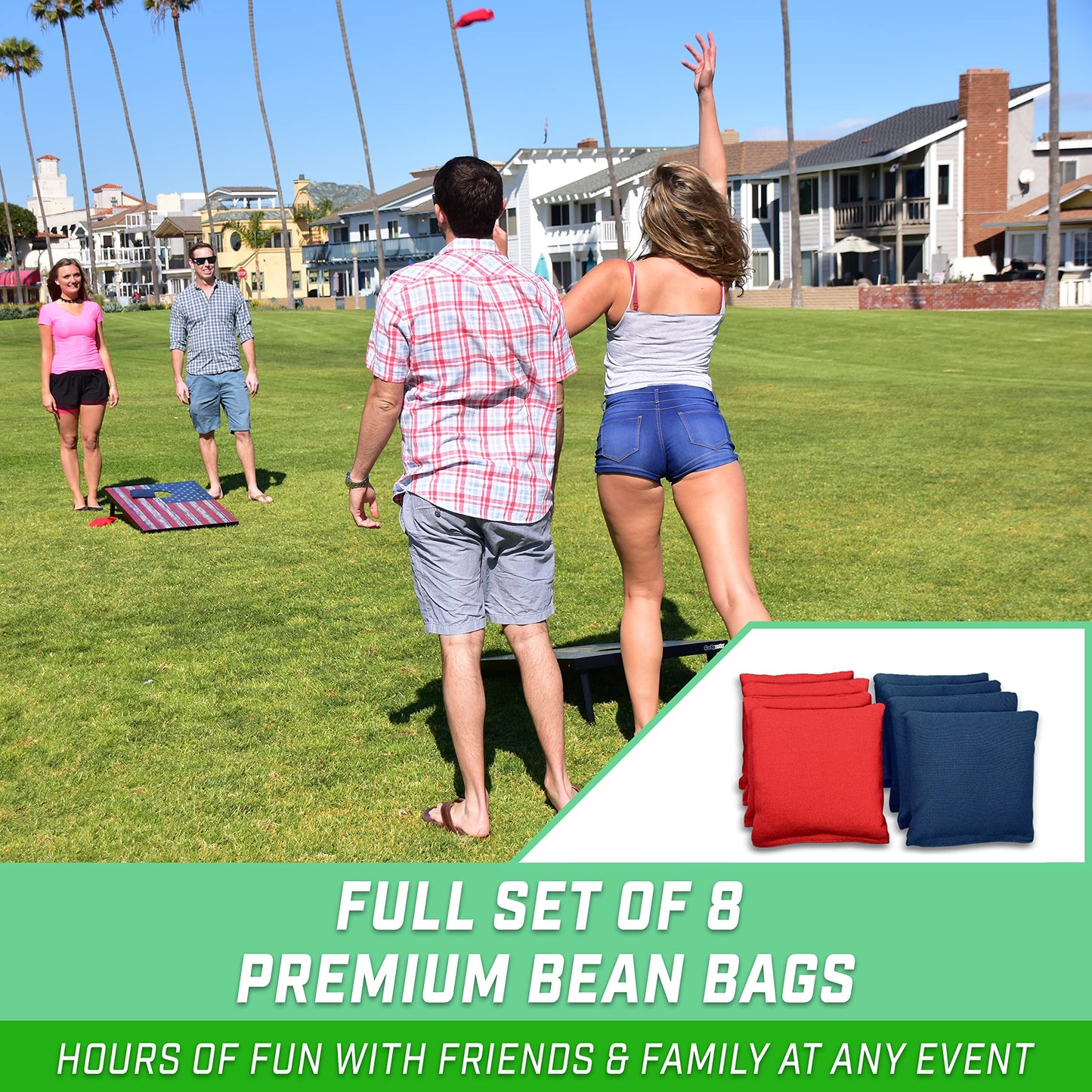 GoSports Cornhole Game Set with American Flag design, 90 x 60 cm, includes two 90 x 60 cm boards, 8 bean bags, and carrying case.