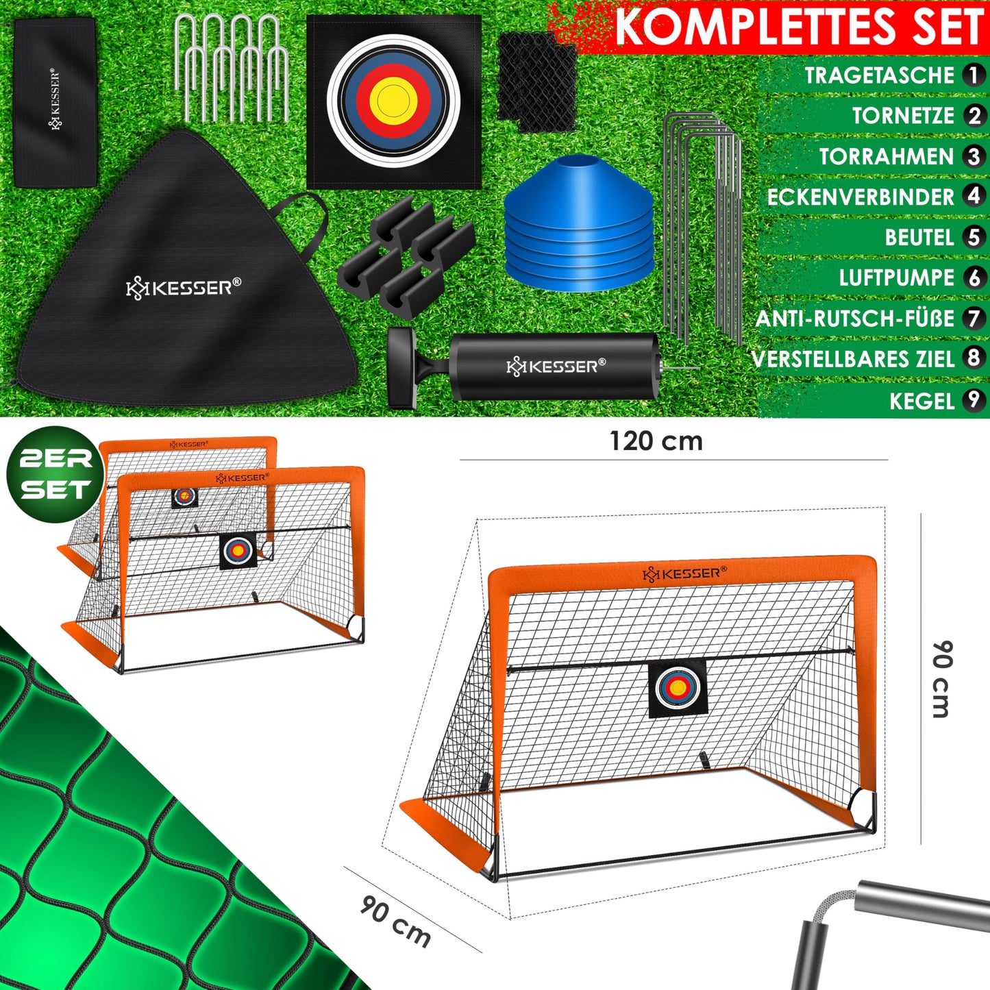KESSER® Soccer Goal Kids Pop-Up 2er Set | Soccer Goals Foldable with Fiberglass Poles & high-quality Goal Nets for Indoor, Outdoor & Garden | With Carry Bag Cone Pump Target Orange