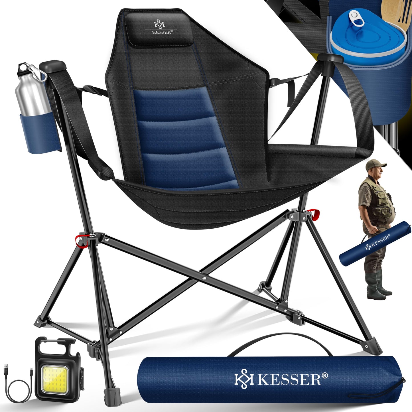 KESSER® Camping chair foldable rocking chair up to 160 kg | Fishing chair folding chair padded | Camping light and drink holder + bag with high backrest | Beach chair with rocking function