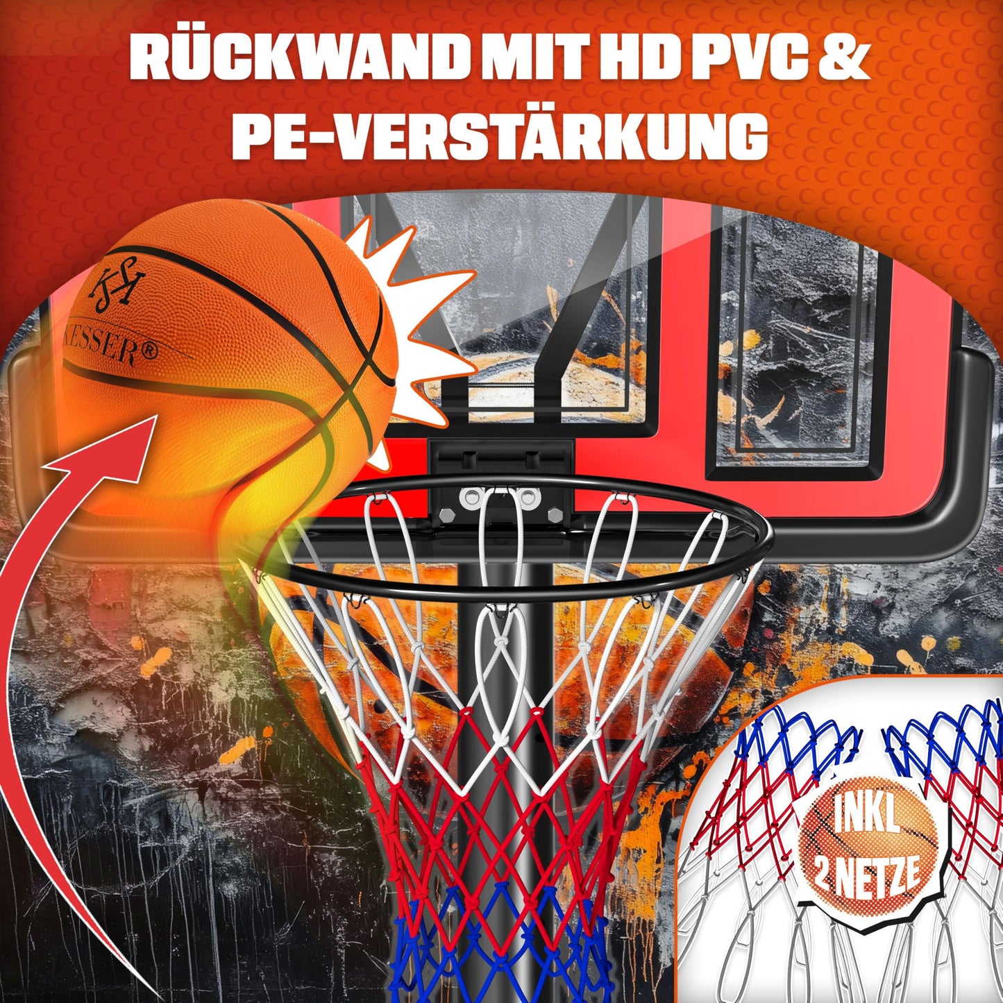 KESSER® Outdoor basketball hoop with stand & wheels Incl. 2x nets, basketball & pump | Basketball system adjustable hoop height 230 to 305 cm Hoop stand for adults & kids