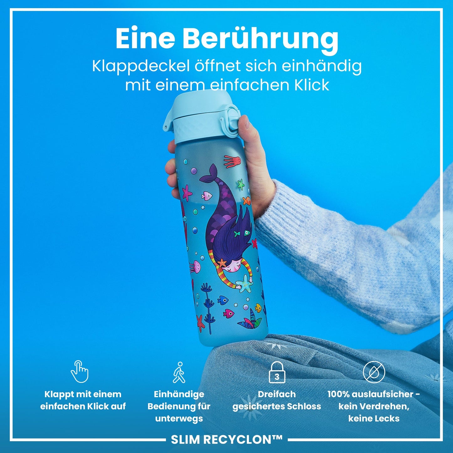 ION8 water bottle, 500ml, Leak-proof, One-handed opening, Secure locking, Dishwasher safe, BPA-free, Carry handle, Flip lid, Easy to clean, Climate neutral, Mermaids
