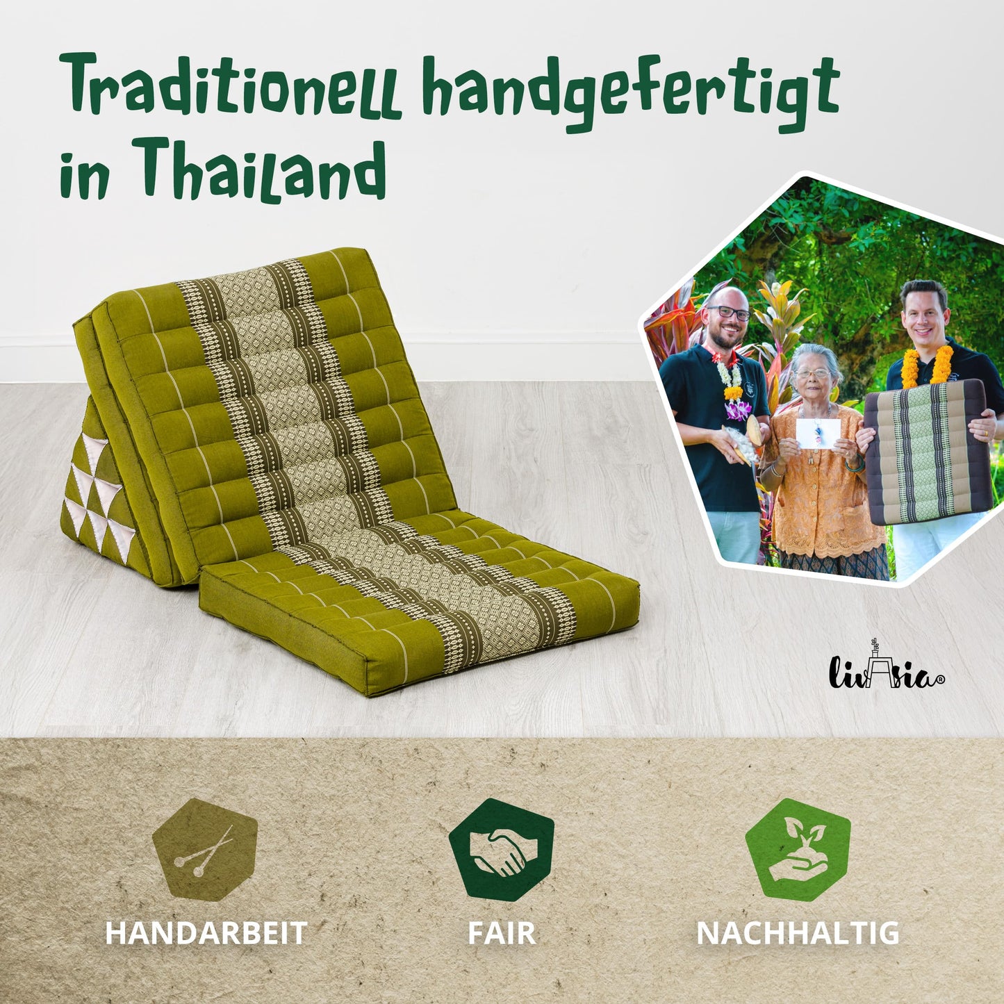 LivAsia Thai Triangle Pillow with 3 foldout cushions - 175x50x8cm - Kapok Triangular Cushion with Foldable Mattress, Backrest Pillow, Thai Mat for Folding, Handmade Meditation Pillow (Green)