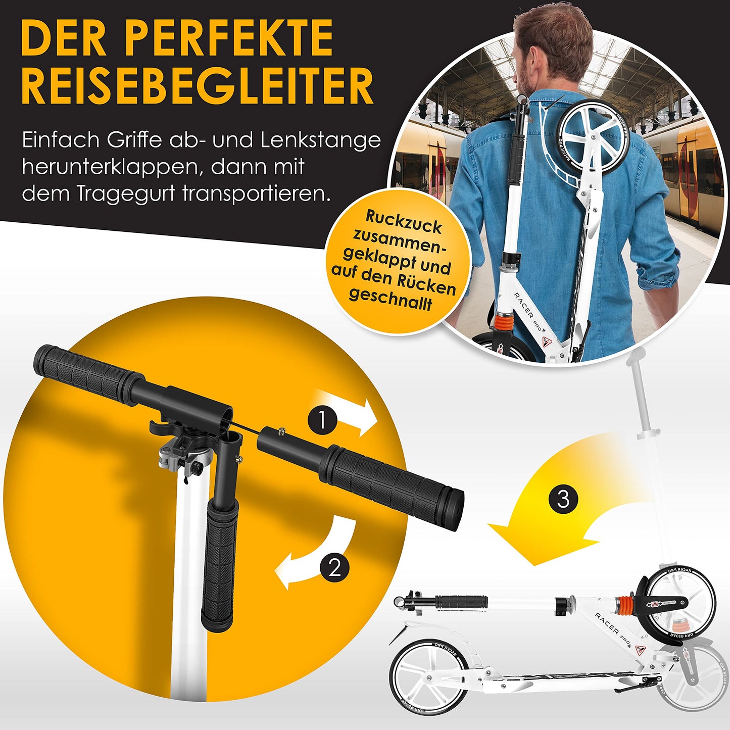 KESSER® City Roller Scooter 205mm wheels PU Big Wheel - Pro-S kick scooter with double suspension, foldable and adjustable height city roller scooter, kickscooter for adults and kids, White