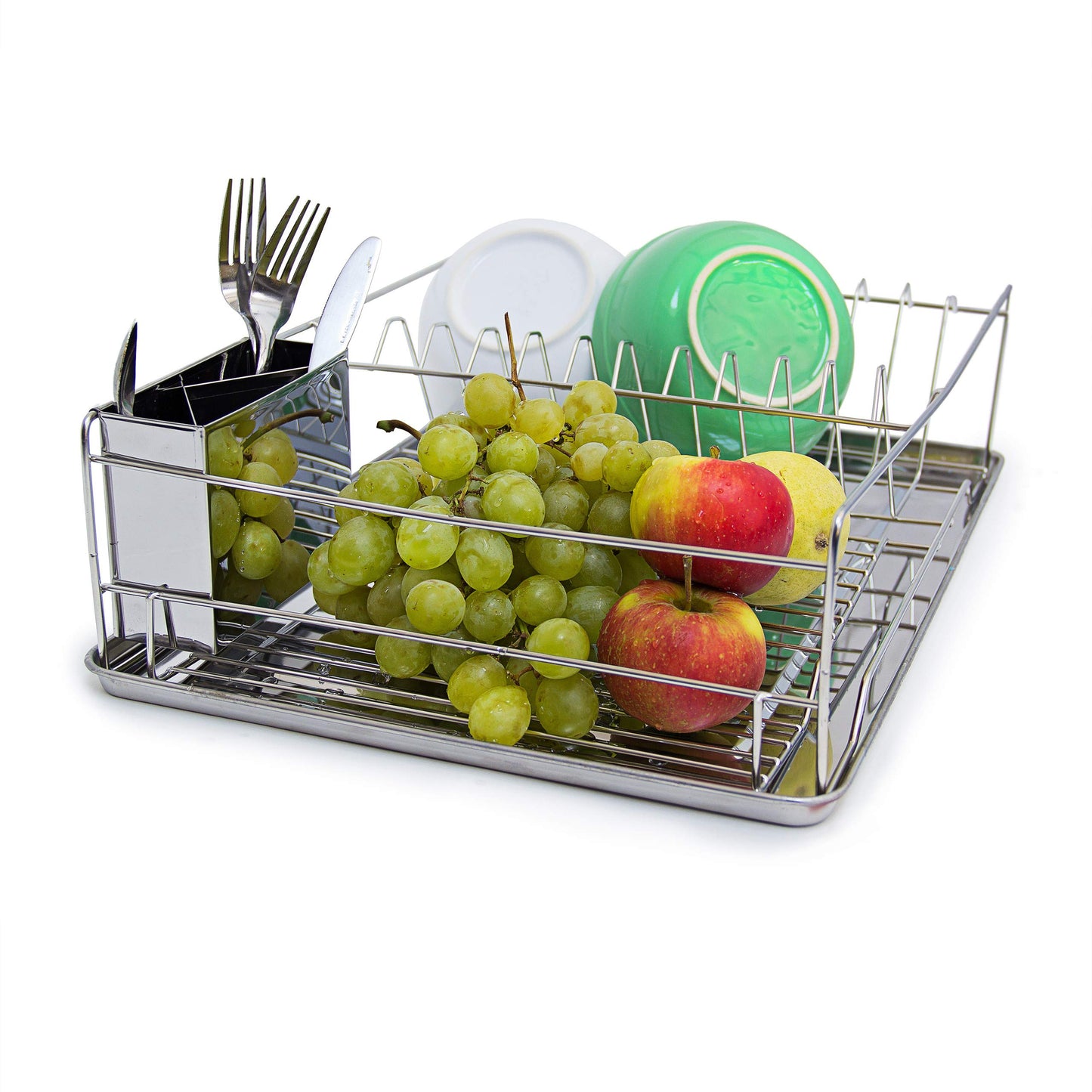 Relaxdays XL stainless steel dish rack LxWxH approx. 13 x 18.9 x 4.7 inches Draining rack for plates and cups Dish basket with cutlery holder and drip tray Shiny dish rack for your kitchen, silver