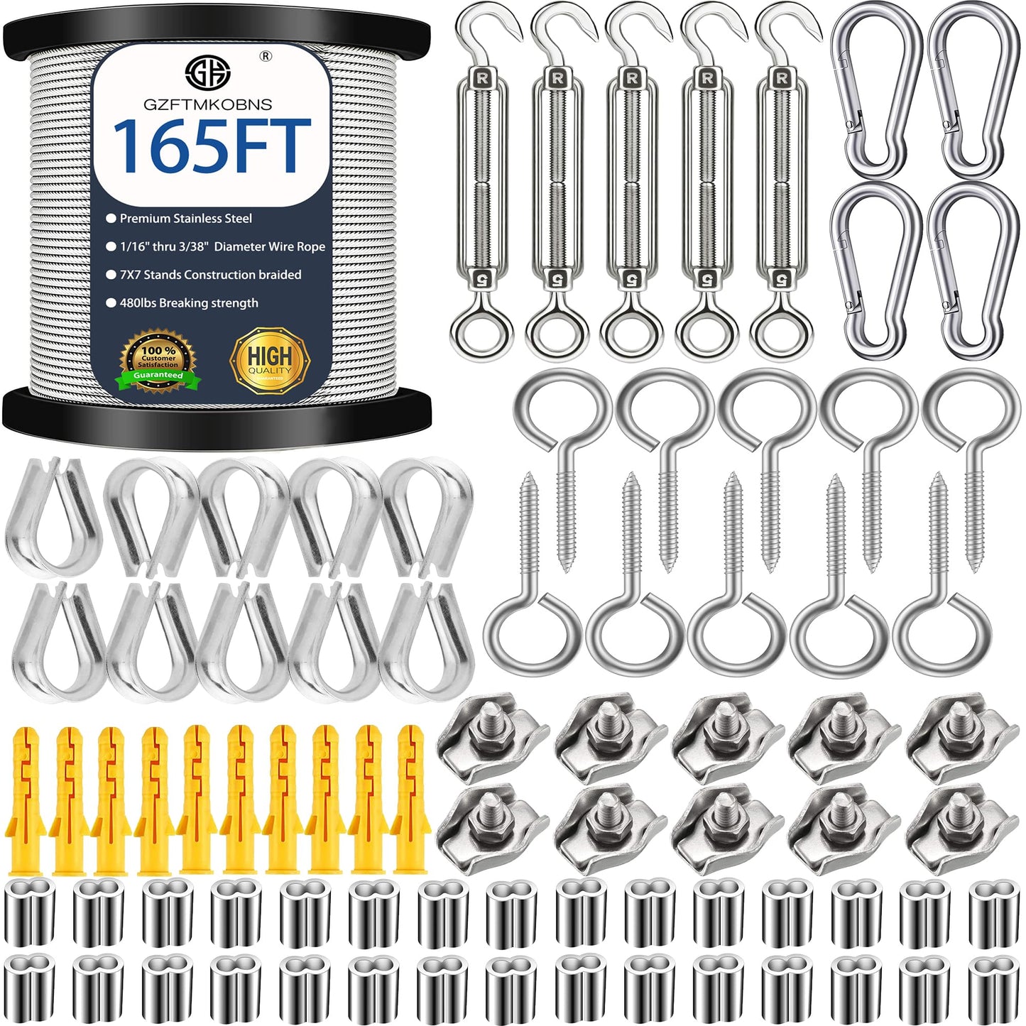 50m steel cable 2mm, 304 stainless steel cable 2mm, wire rope 2mm, M2 wire rope clamp with M5 wire rope tensioner for stainless steel cable system, stainless steel tensioning cable for outdoor use.