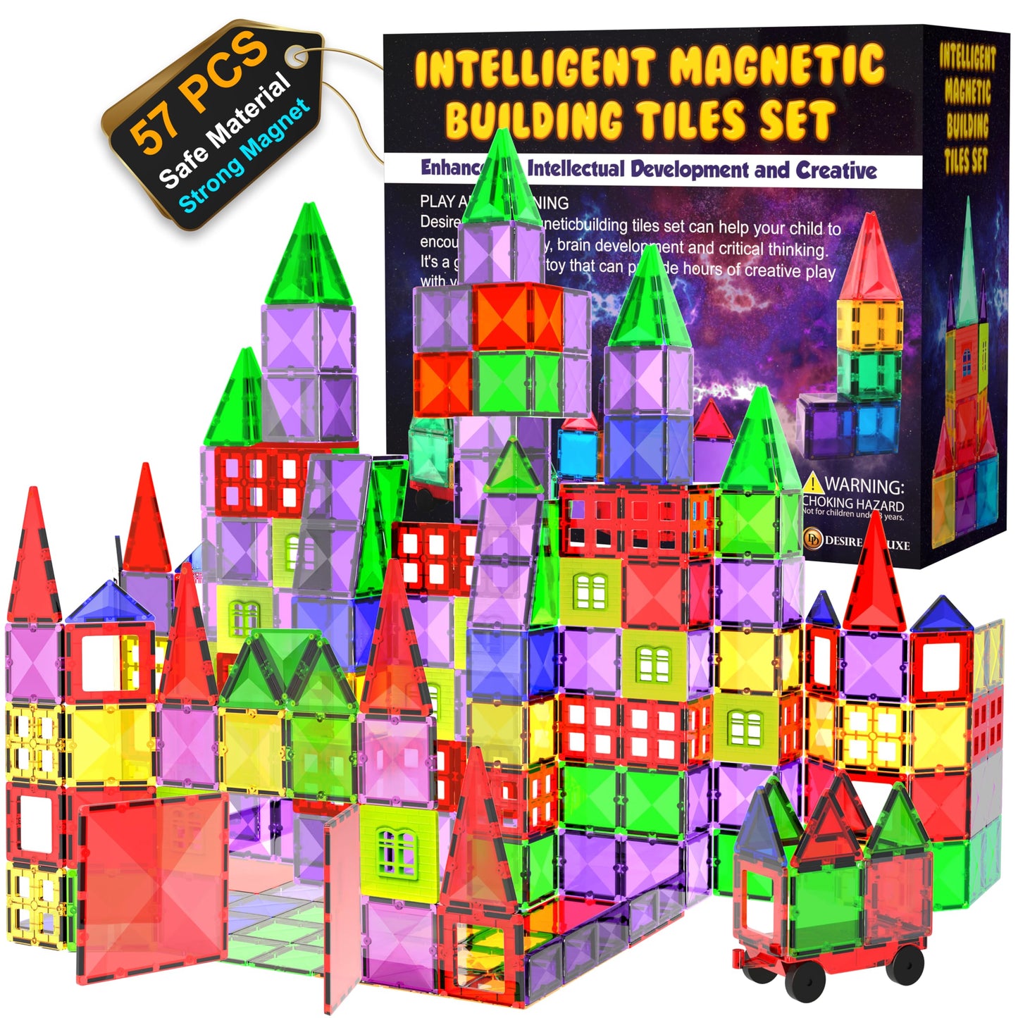 Desire Deluxe Magnetic Building Blocks Montessori Toy for Kids, Magnetic Blocks for Boys and Girls, Ages 3 4 5 6 7 8, 57pc Set