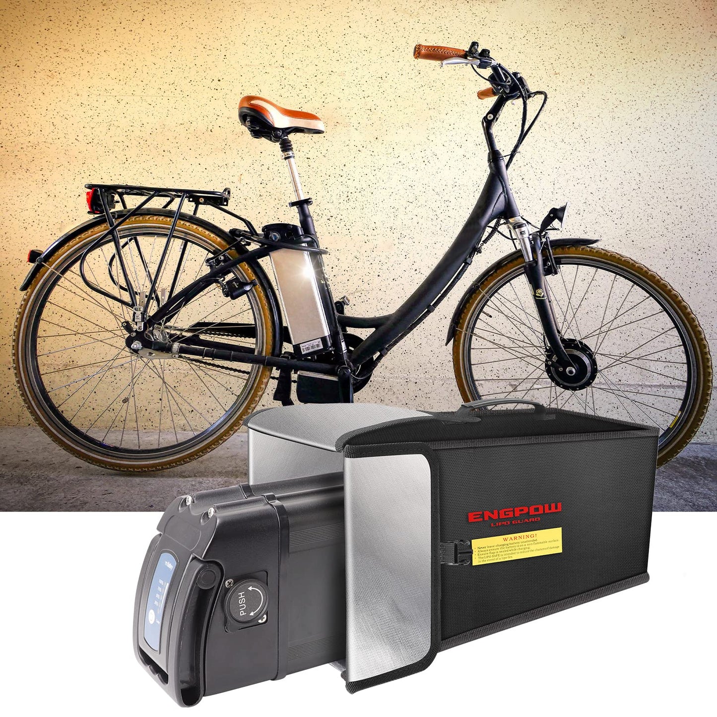 Ebike battery bag, fireproof up to 2000°F, organizer 45 x 15 x 20 cm, shockproof safety storage and transport for e-bike battery with Velcro and buckle.