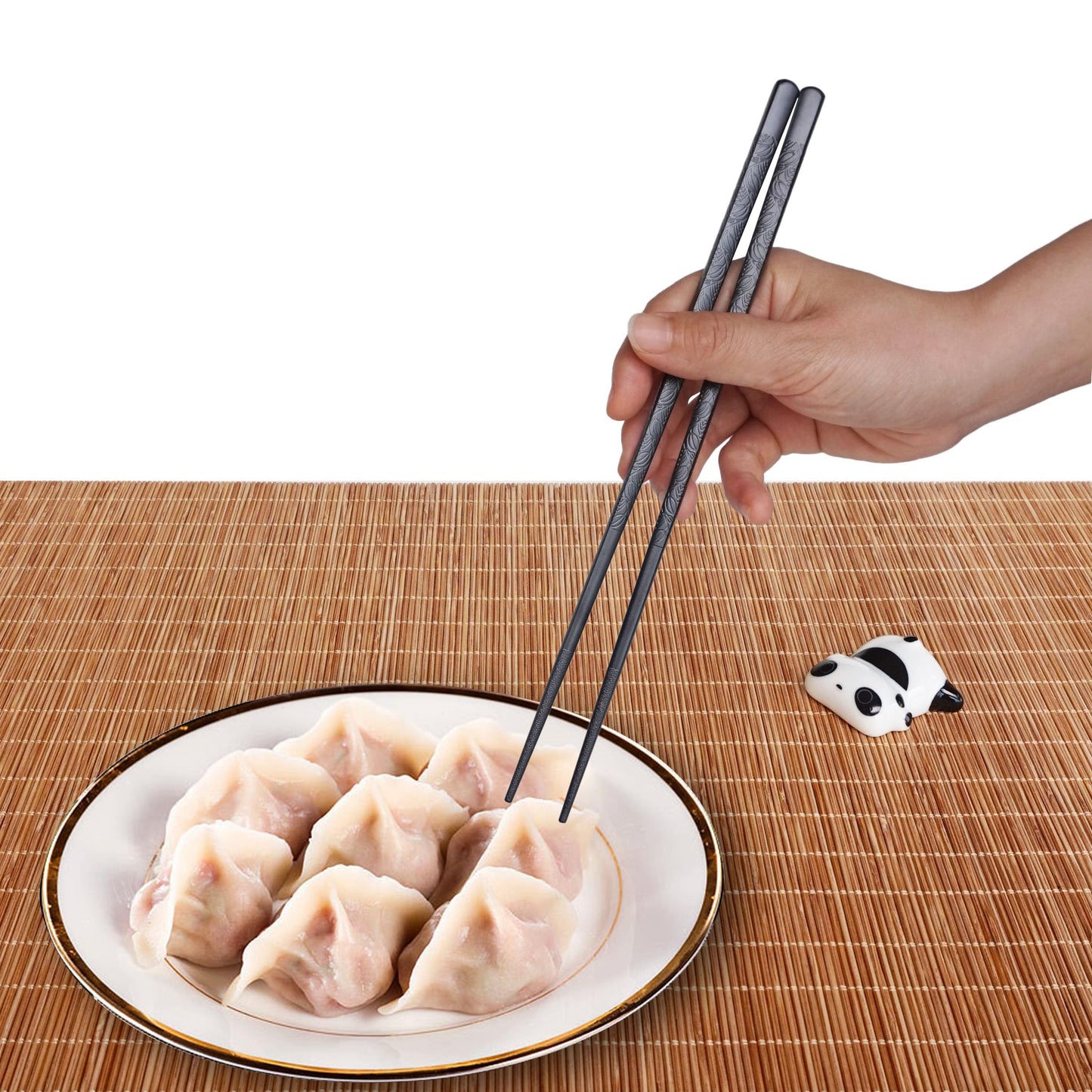 Reusable fiberglass chopstick set with panda design - 2 pairs of dishwasher-safe chopsticks + ceramic rest - elegant Chinese gift