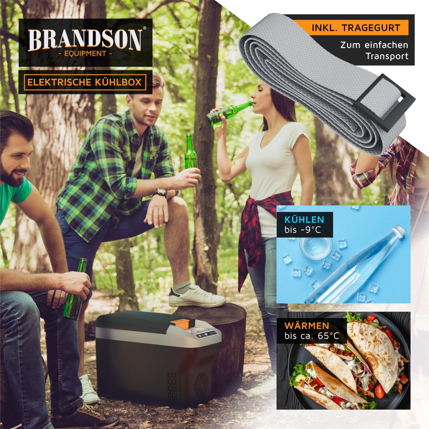 Brandson - Electric cooler box 10L - 230V mains voltage and 12V car battery voltage - cools and warms - heating up to 65°C max - cooling down approximately 20°C below ambient temperature - Cool Grey
