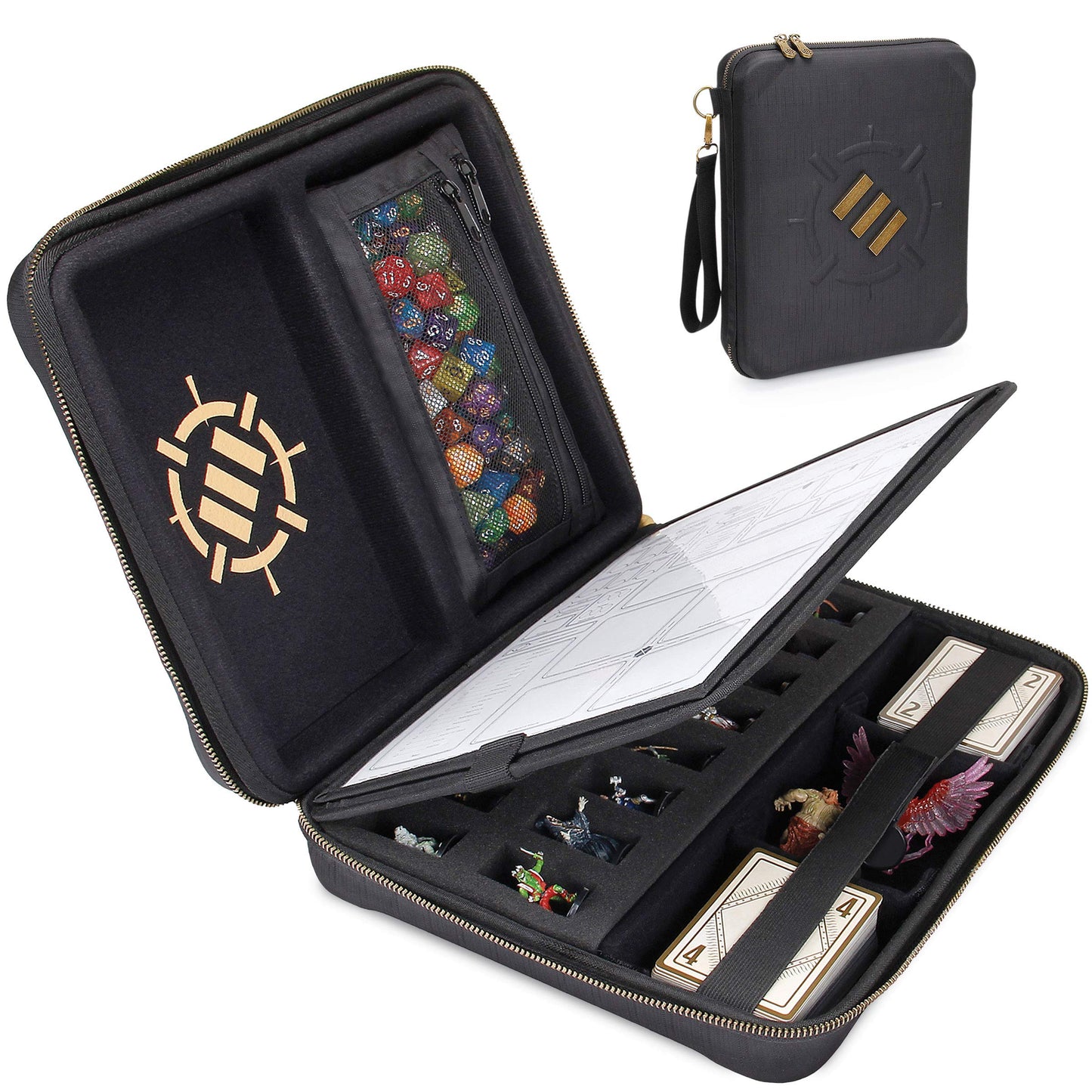 ENHANCE RPG Organizer Case - D&D folder with integrated character sheet holder, dice rolling area, removable pen pocket, miniature foam storage (Black)
