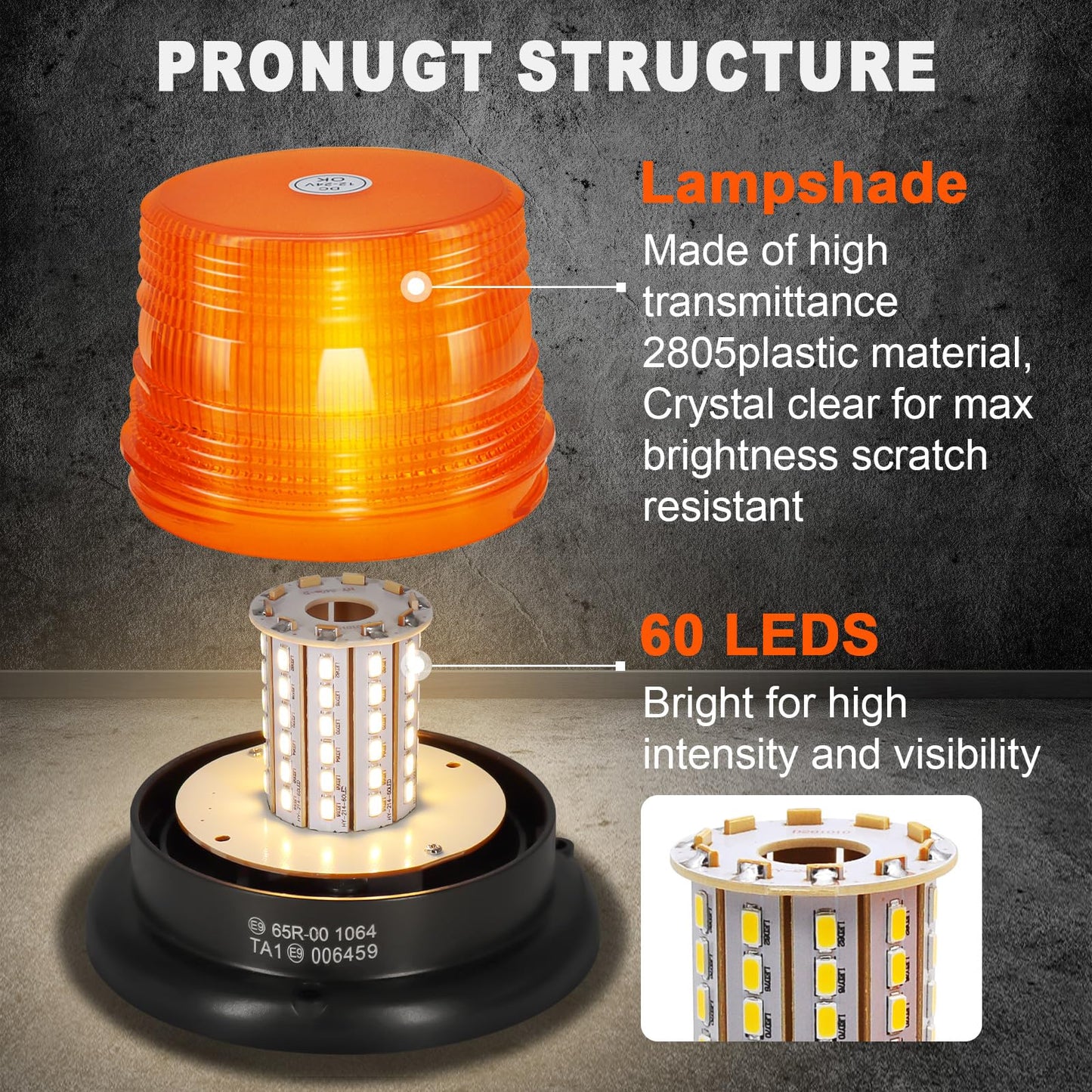 Antom Beacon Light, 12V-24V Yellow Beacon Light with 10 flash patterns. 60LEDs with magnetic base and 3 meters cable for forklifts, tractors, golf carts, trailers, and trucks. Upgrade now.