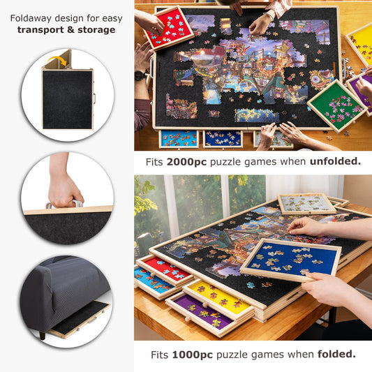 Tektalk folding puzzle board for up to 2000 puzzle pieces, with 8 sorting trays/drawers, puzzle table with lid, suitable for 2000, 1500, 1000, 500 puzzle pieces.