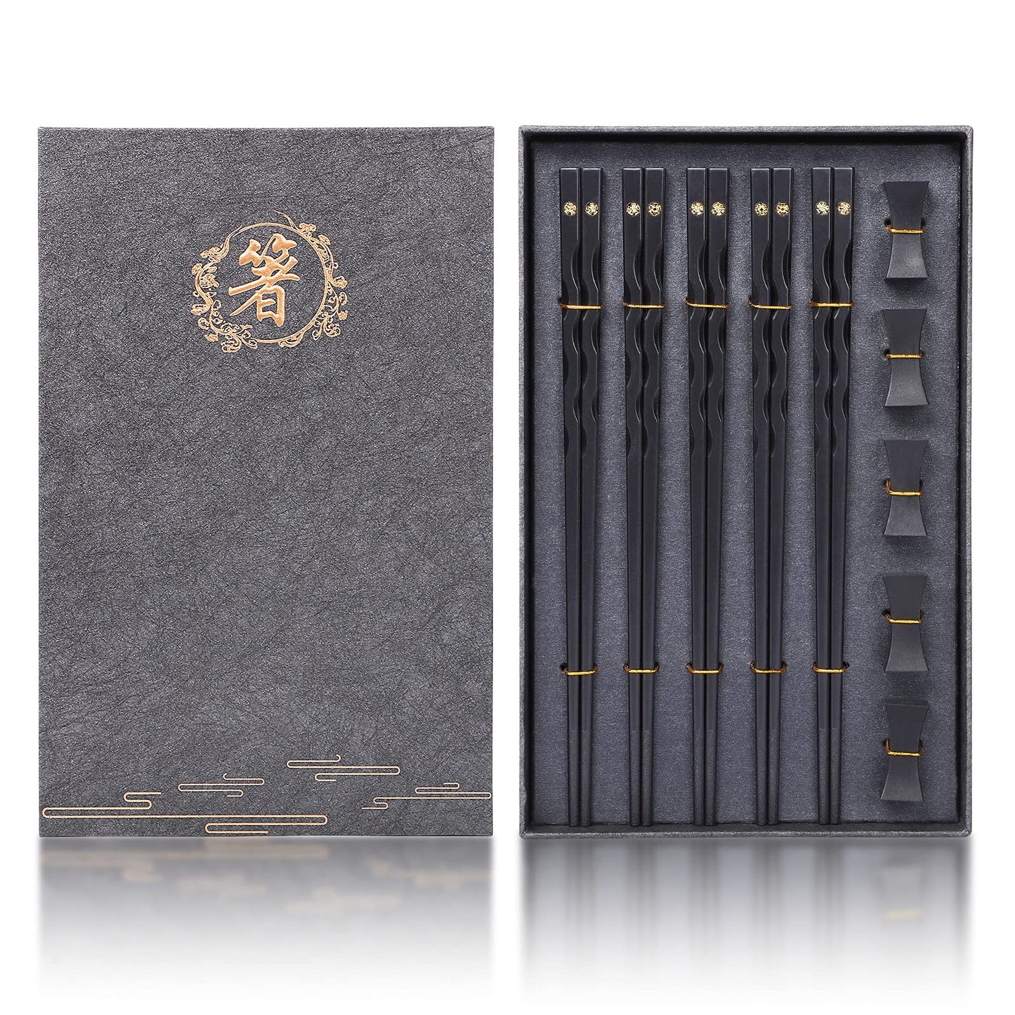 Youda Chopsticks Reusable Chinese Japanese Alloy Chopsticks with Holder, Dishwasher Safe, Premium Quality Chopsticks Gift Set (5 Pairs)