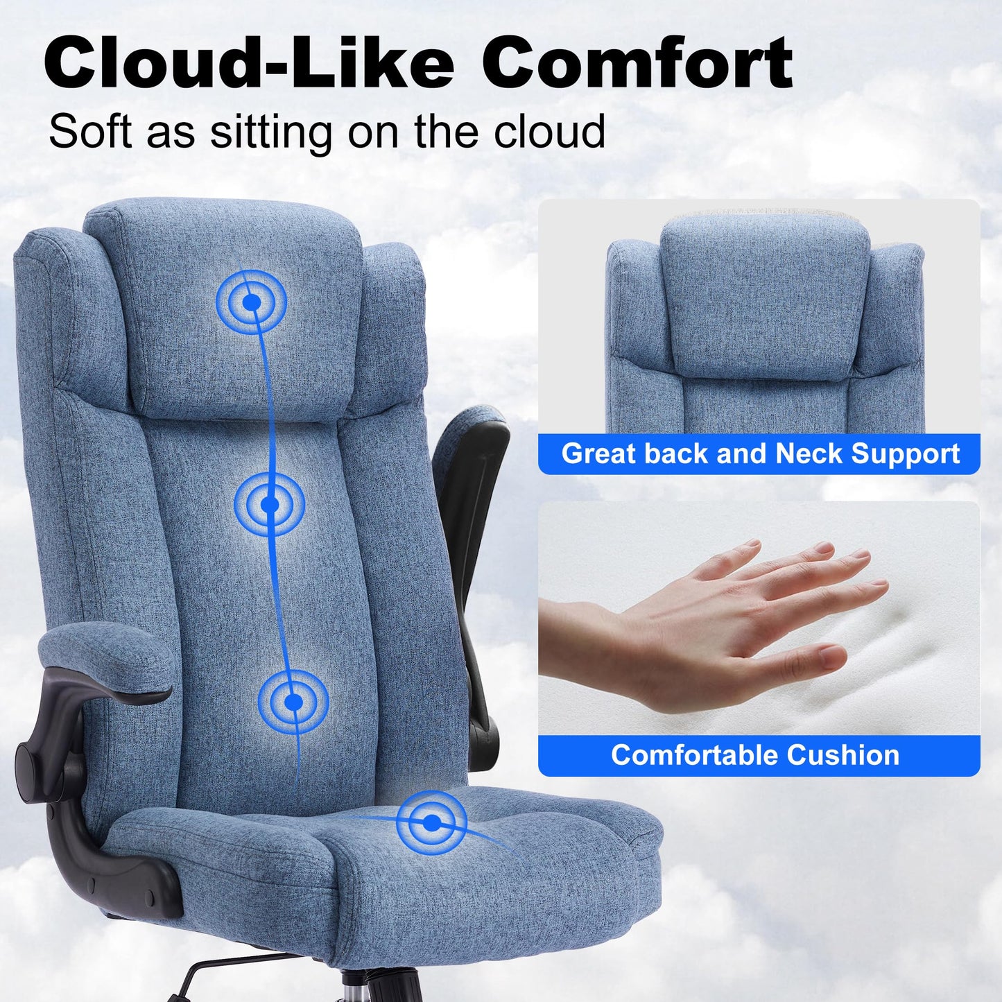 LIYURUI office chair with 150KG capacity, ergonomic design, adjustable headrest, fabric upholstery, swivel wheels, flip-up armrests, and 110° tilt function.