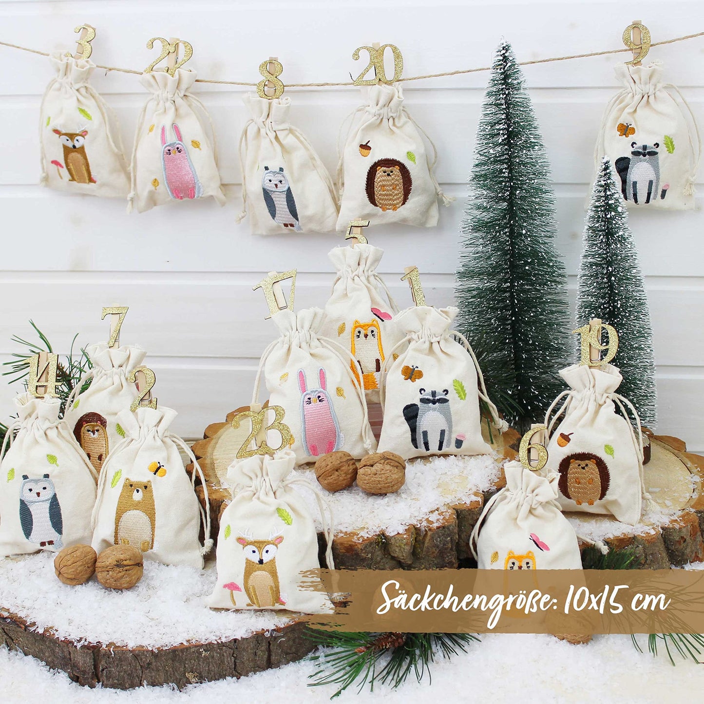 Paper Dragons 24 Advent Calendar Cloth Bags for Filling - with golden wooden numbers - fabric bags for personalizing - gift bags - forest animals embroidered Set No. 27
