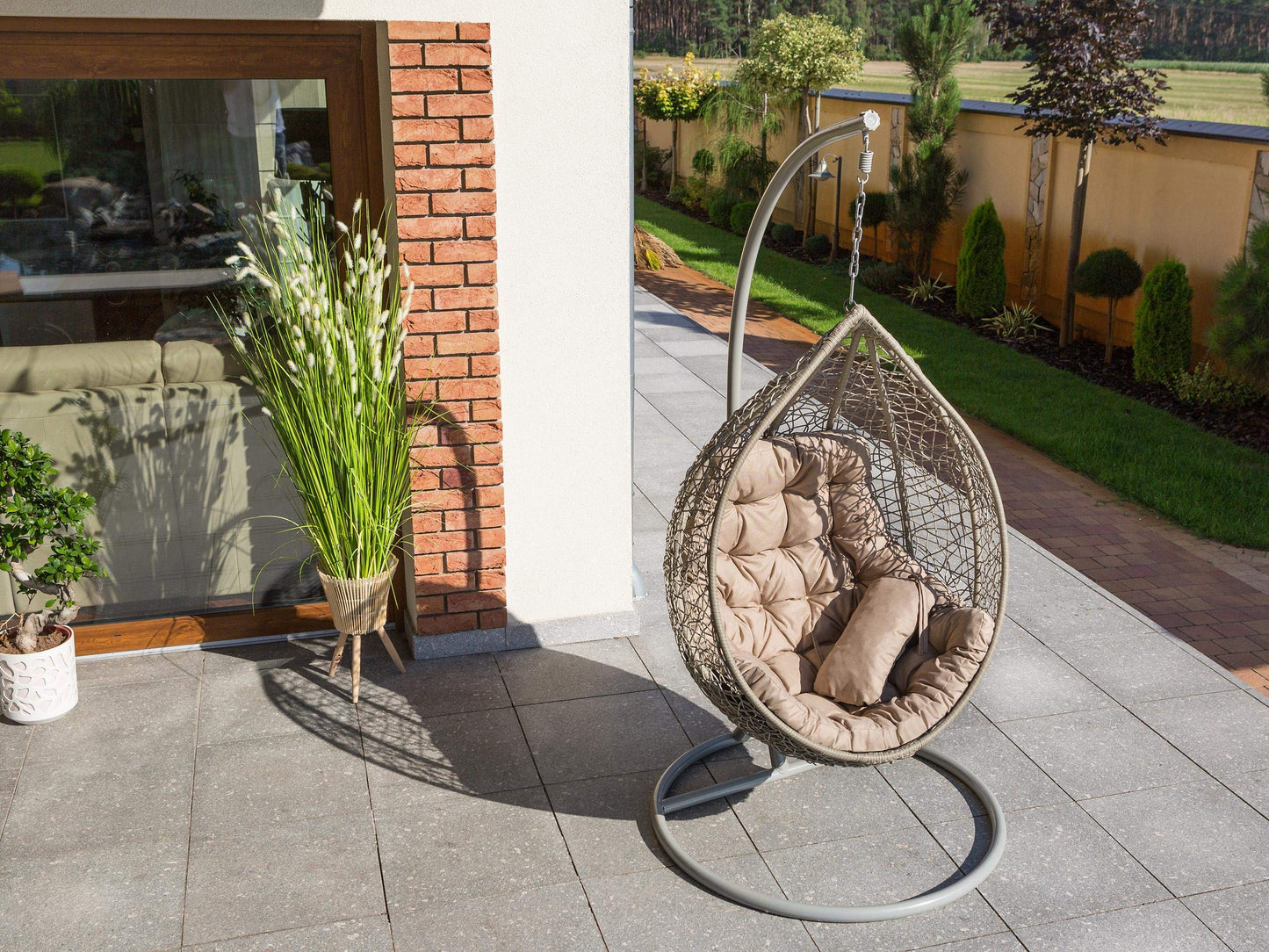 PillowPrim Hanging Chair Cushion, Cushion for Poly Rattan/Rattan Hanging Swing, Pad, Hanging Basket, Swing Basket, Swing Cushion Back Cushion in Beige color.