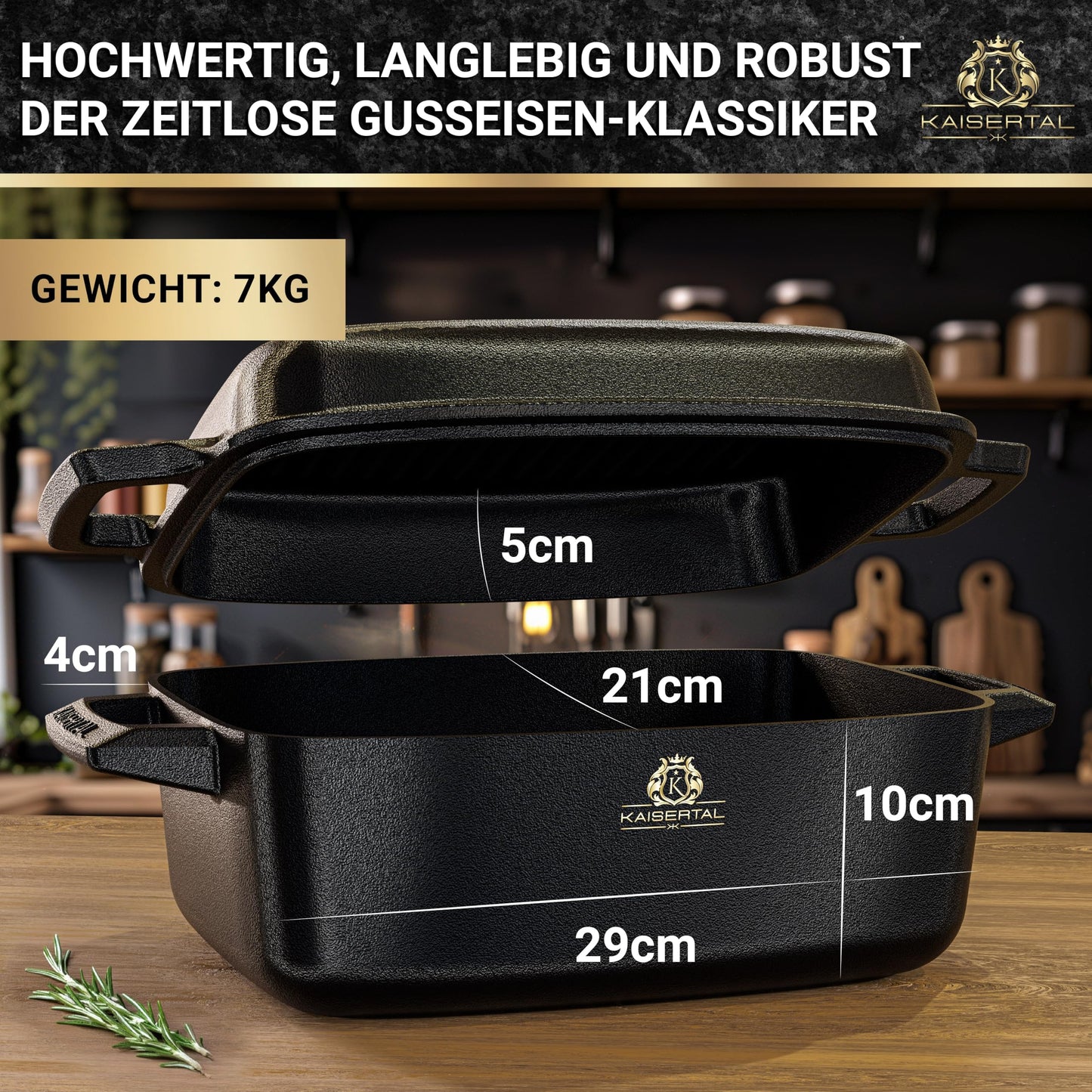 KAISERTAL cast iron roaster with lid ovenproof - 28cm stew pot with lid | Ovenproof, induction, indoor & outdoor | 7kg cast iron pot 6L - Cast Iron Pot for roasters & stew pots