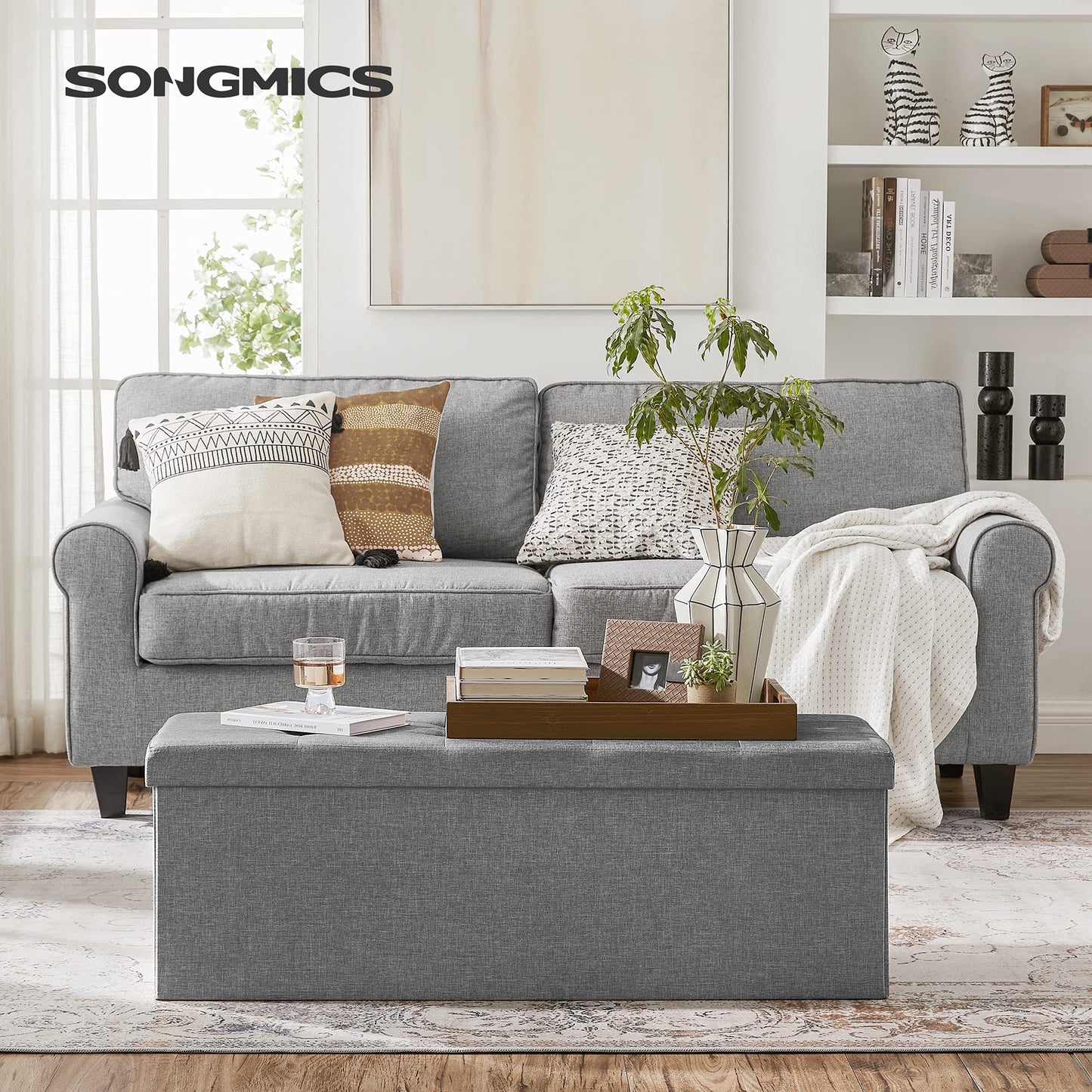 SONGMICS Storage Ottoman, Folding Bench, 38 x 110 x 38 cm Footrest, Storage Box, holds up to 300 kg, for Living Room Bedroom Hallway, Grey LSF77G