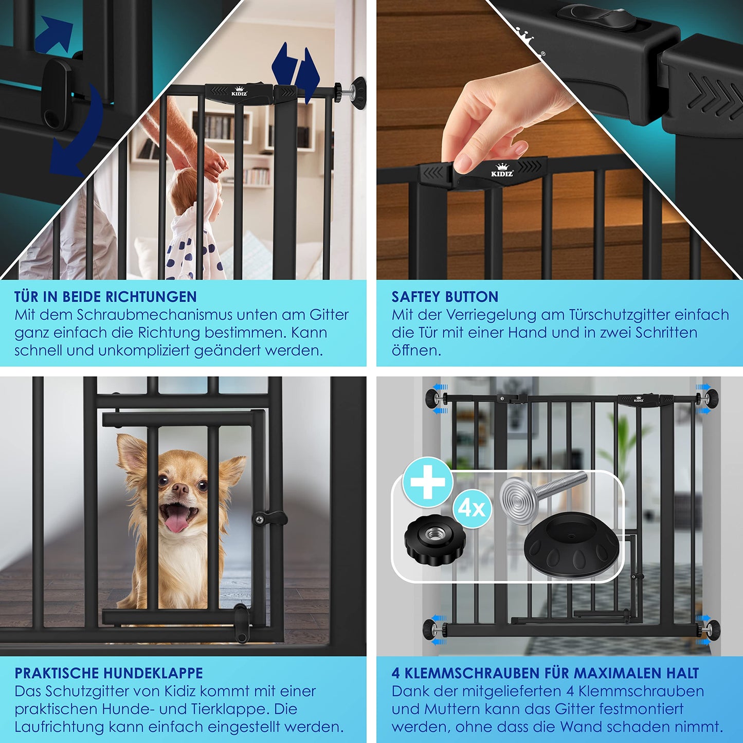 KIDIZ® Door Safety Gate | Stair Gate for Kids | with Pet Door for Dogs and Cats | No Drilling | Expandable | Compatible with Y-Spindles | Swivel Door | Size: 81-94 cm