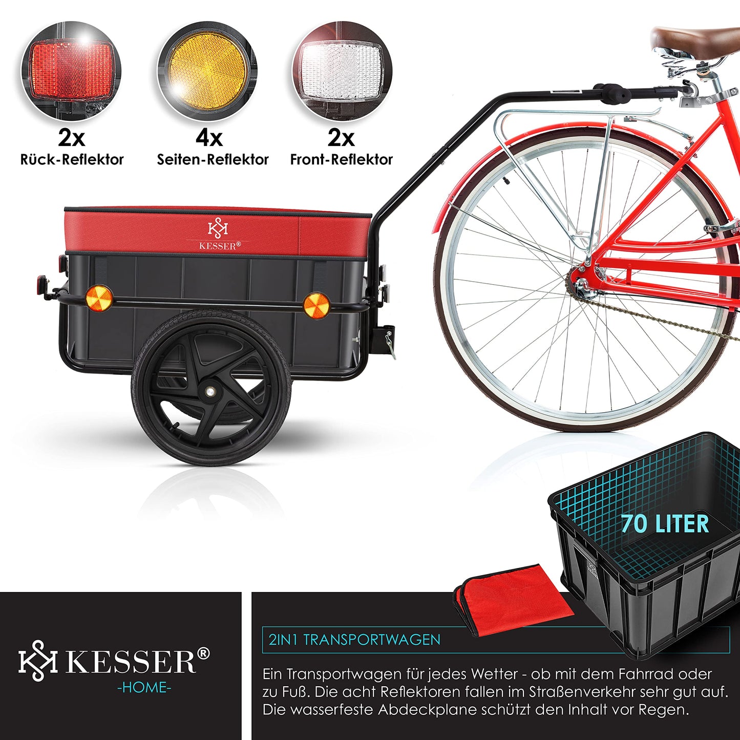 KESSER® Bike trailer, cargo trailer, hand cart with coupling, high drawbar, for transporting bikes. Transport box with 70 liters volume, max. 60kg, + accessories for bikes with 26-28 inches, red.