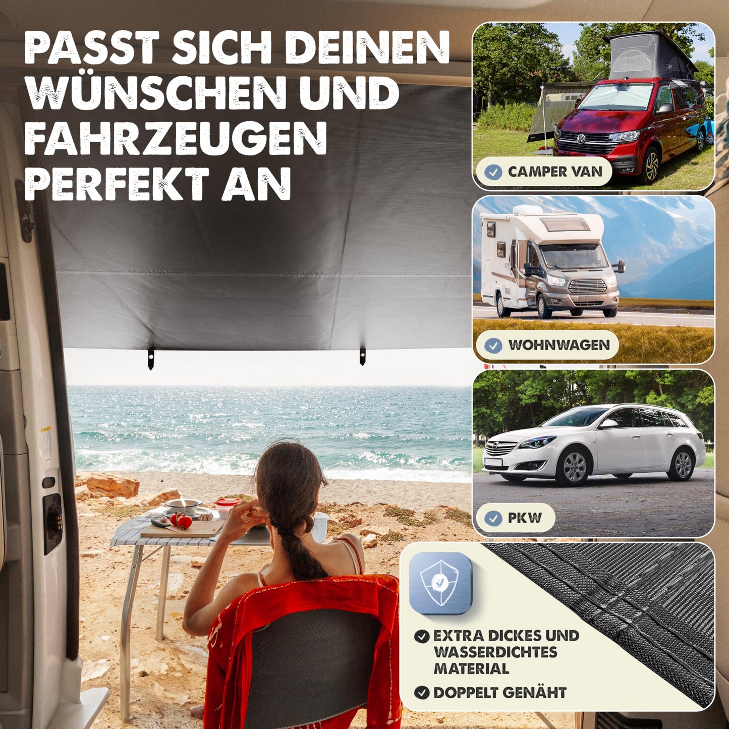 LAINFELD awning for car | 2.2 x 2.5 m sunshade with 3 x keder and 2 x telescopic pole | sunshade camping bus awning car camper keder