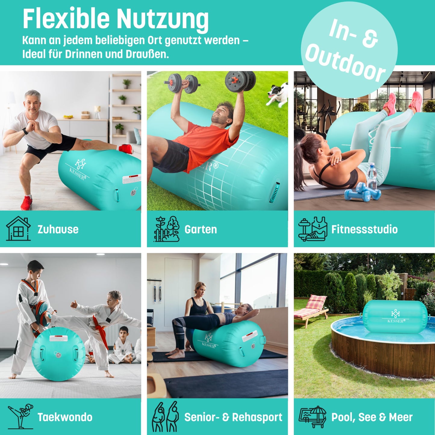 KESSERยฎ Inflatable Airtrack | incl. carrying bag & electric air pump | Barrel Tumbling, Yoga, Fitness mat, Training aid, Gymnastics mat, Balance trainer, Sport mat, Workout