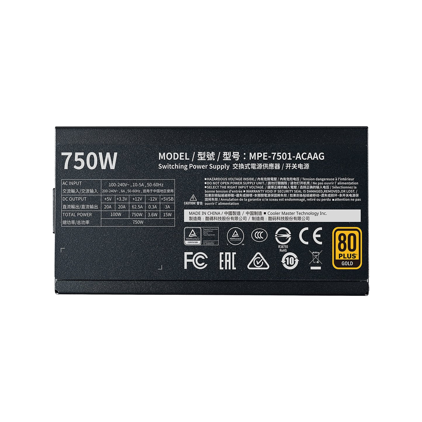 Cooler Master MWE 750 Gold V2, Modular PC Power Supply (EU Plug), 80 Plus Gold, 750 Watt PSU with Flat Cables, 120mm HDB Fan, Temperature Threshold 50°C