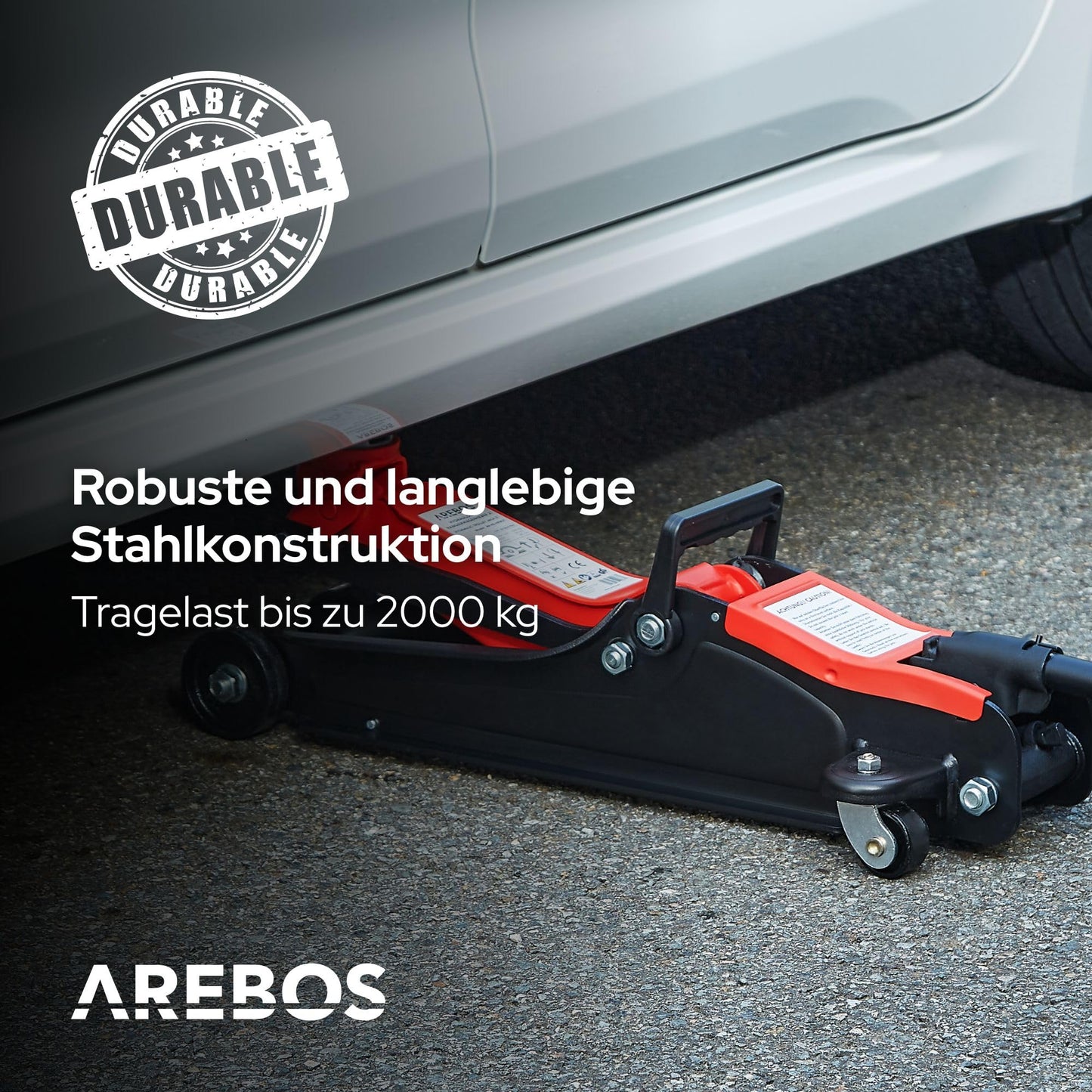 Arebos 2T Hydraulic Trolley Jack - Low-profile jack with lifting range of 85-385 mm - includes 4 rubber pads - jack for car vehicle automotive - sturdy jack & stand for workshop and garage.