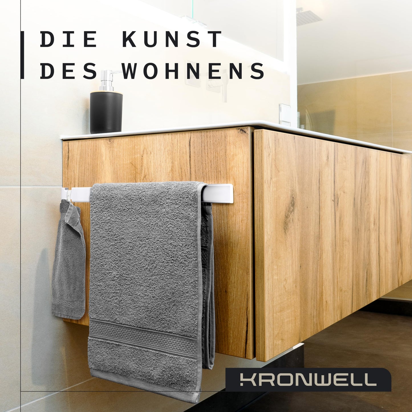 KRONWELL® towel holder without drilling - Self-adhesive towel holder for bathroom & kitchen - Stainless steel towel bar - Towel holder - Designed in Germany - White matte