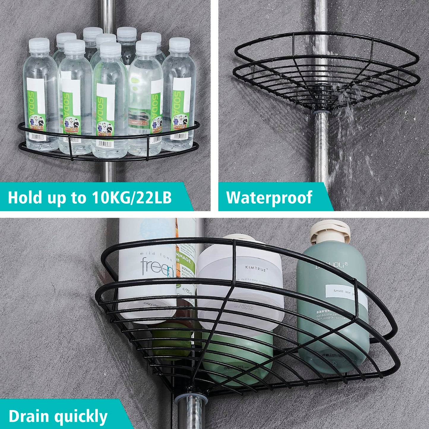 HANFU Telescopic Shower Caddy, 70-305 cm Height Adjustable Shower Shelf Without Drilling, Stainless Steel Corner Bathroom Shelf with 4 x Baskets 4 x Hooks and 1 x Towel Holder for Towel Shampoo, Black
