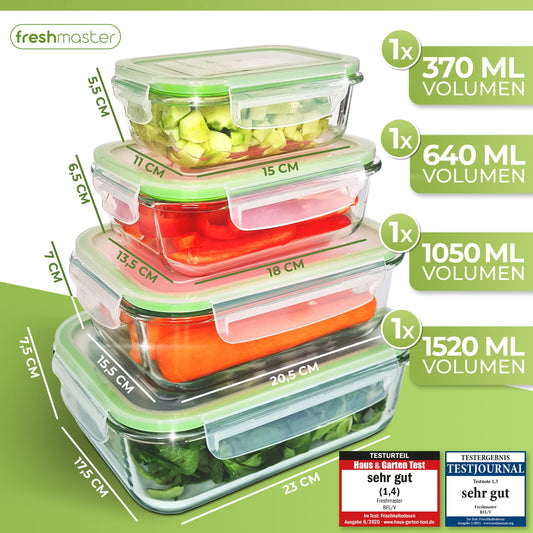 Fresh Master Glass Food Storage Container Set - Review: EXCELLENT - 100% leak-proof + airtight glass storage containers with lids I Glass meal prep boxes I Glass storage box (18 pieces)