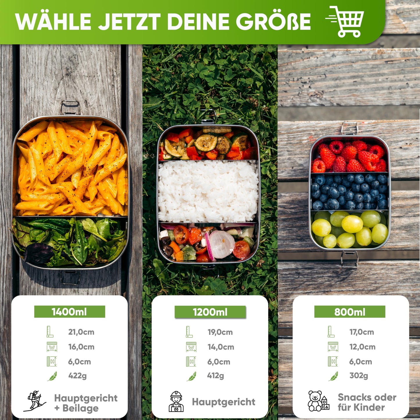 Blockhouse premium stainless steel lunch box I 1200ml I for kids incl. compartments and spare seal. The bento box with partition is leak-proof, snack box small.