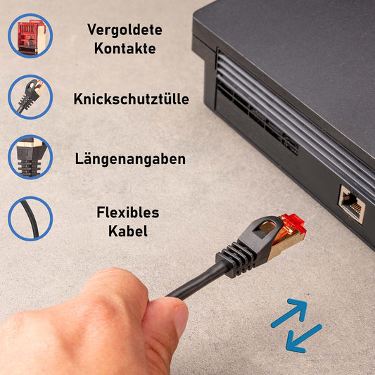 BIGtec LAN Cable 50m Ethernet Cable Network Cable Patch Cable Gold-Plated RJ45 Connectors Double Shielded Black Gigabit for Network Switch Router DSL PC Computer Laptop Gaming