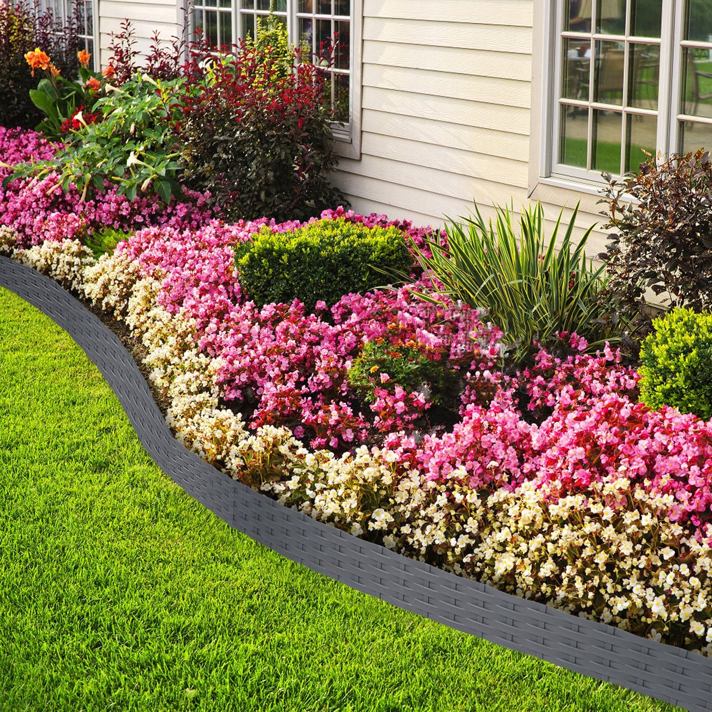 5m Rattan lawn edging plastic with 5 elements of 100 cm each. Rattan-look design, flexible for garden borders. Bendable edging for lawns, flower beds in anthracite color.