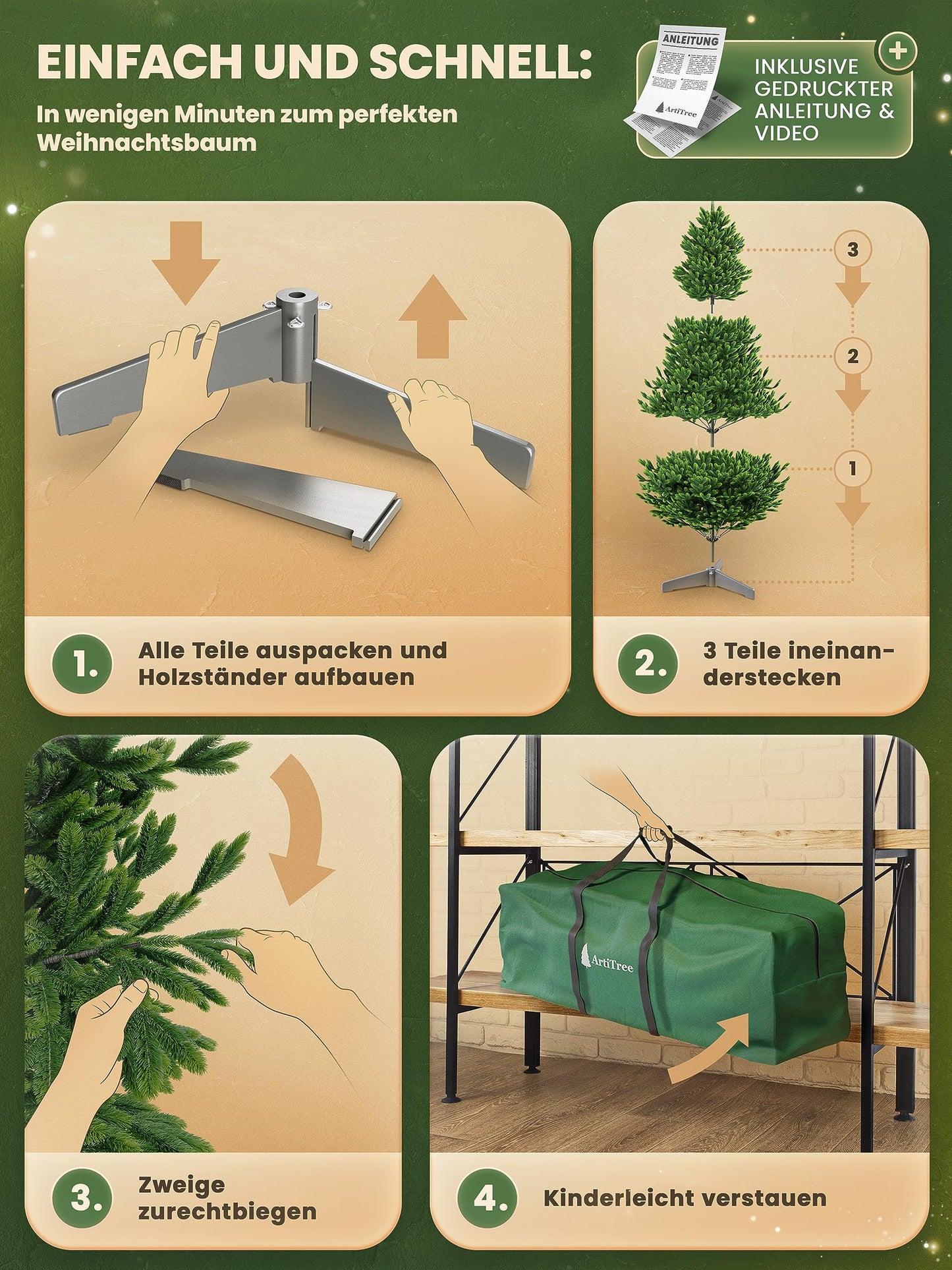 Artificial Christmas tree 180cm - 100% injection-molded Nordman fir with LED lights | Premium lifelike tannenbaum including FSC wood stand & storage bag.