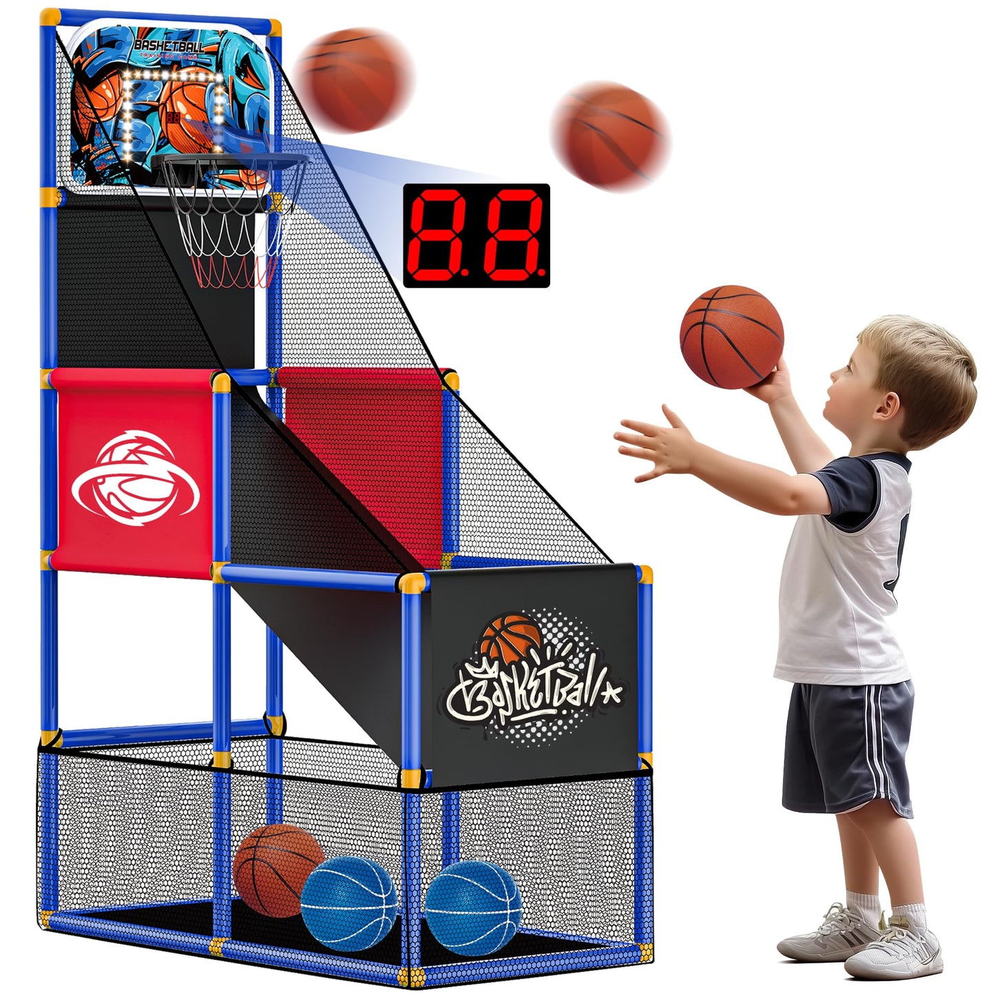 SKERITO Basketball Game Set, including 4 balls and hoops for kids aged 3-12. Ideal for indoor and outdoor sports, easy to set up, with included air pump.