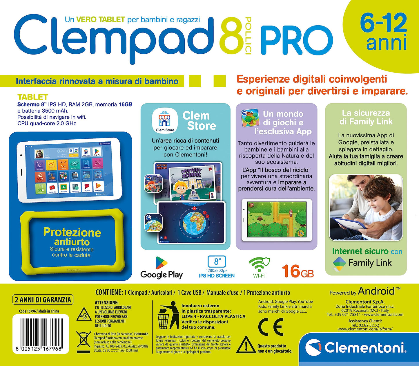 Clementoni - Clempad 8 Inch PRO Tablet 6-12 Years, Educational Technology, Technology for Kids, 8 Inch IPS HD Screen, 16GB Storage, 2GB RAM, Android 13, Italian Color, 16796