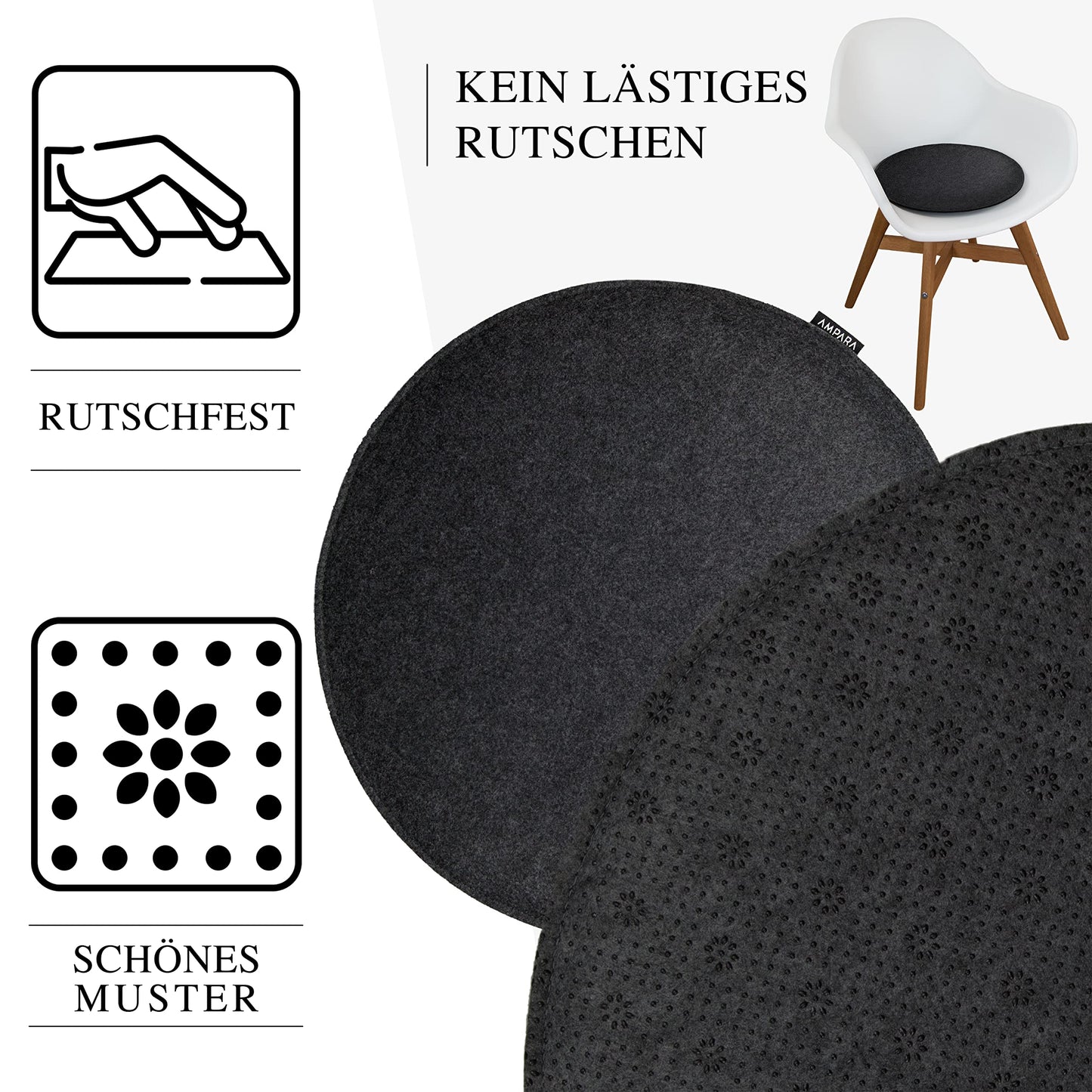 Ampara - 4 piece set - Elegant round chair cushions 40cm - non-slip & cozy, round felt seat cushions, dark gray