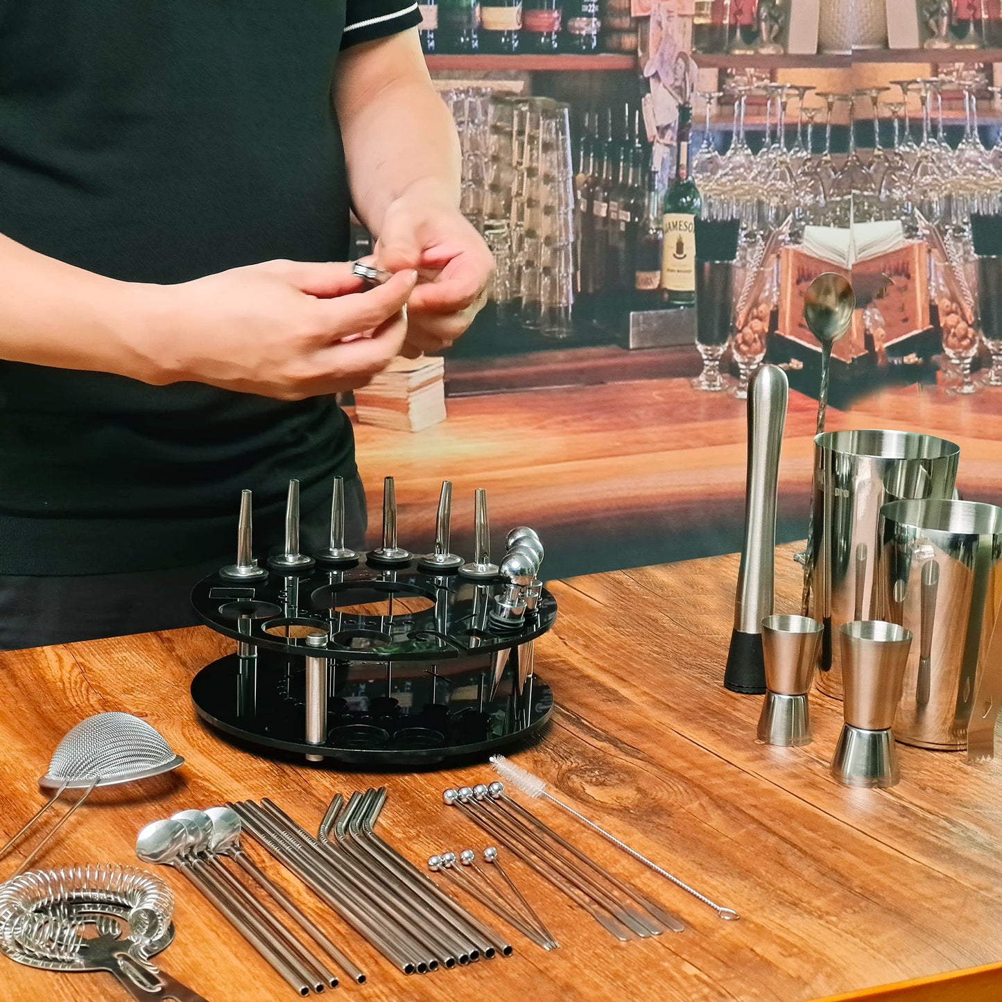 CKductpro Cocktail Set, 41-piece stainless steel Cocktail Shaker Set, 360° rotating acrylic stand, Bartender Set Bar Gift Set (41-Piece)