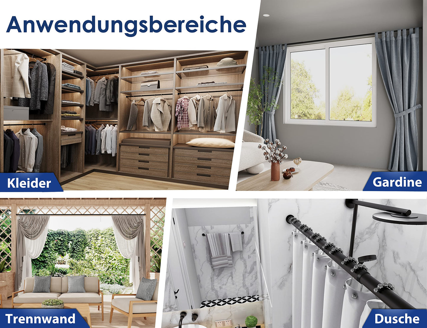 MEISENBERG curtain rod without drilling 210-260cm, Ø32mm matt black sturdy clamp rod for extending - curtain rod, telescopic rod - for your curtains, partition wall, and balcony.