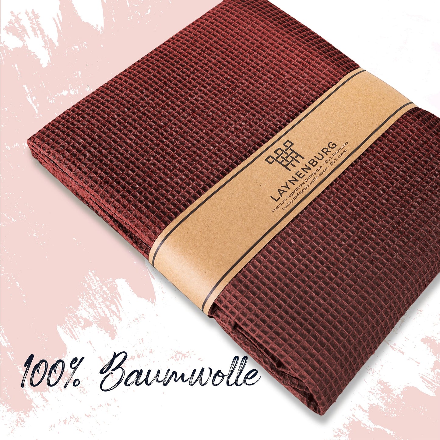 LAYNENBURG Premium daybed 240 x 260 cm XXL - waffle pique 100% cotton - light summer cover waffle pattern - cotton bed throw, sofa throw, couch throw - sofa blanket (mahogany)