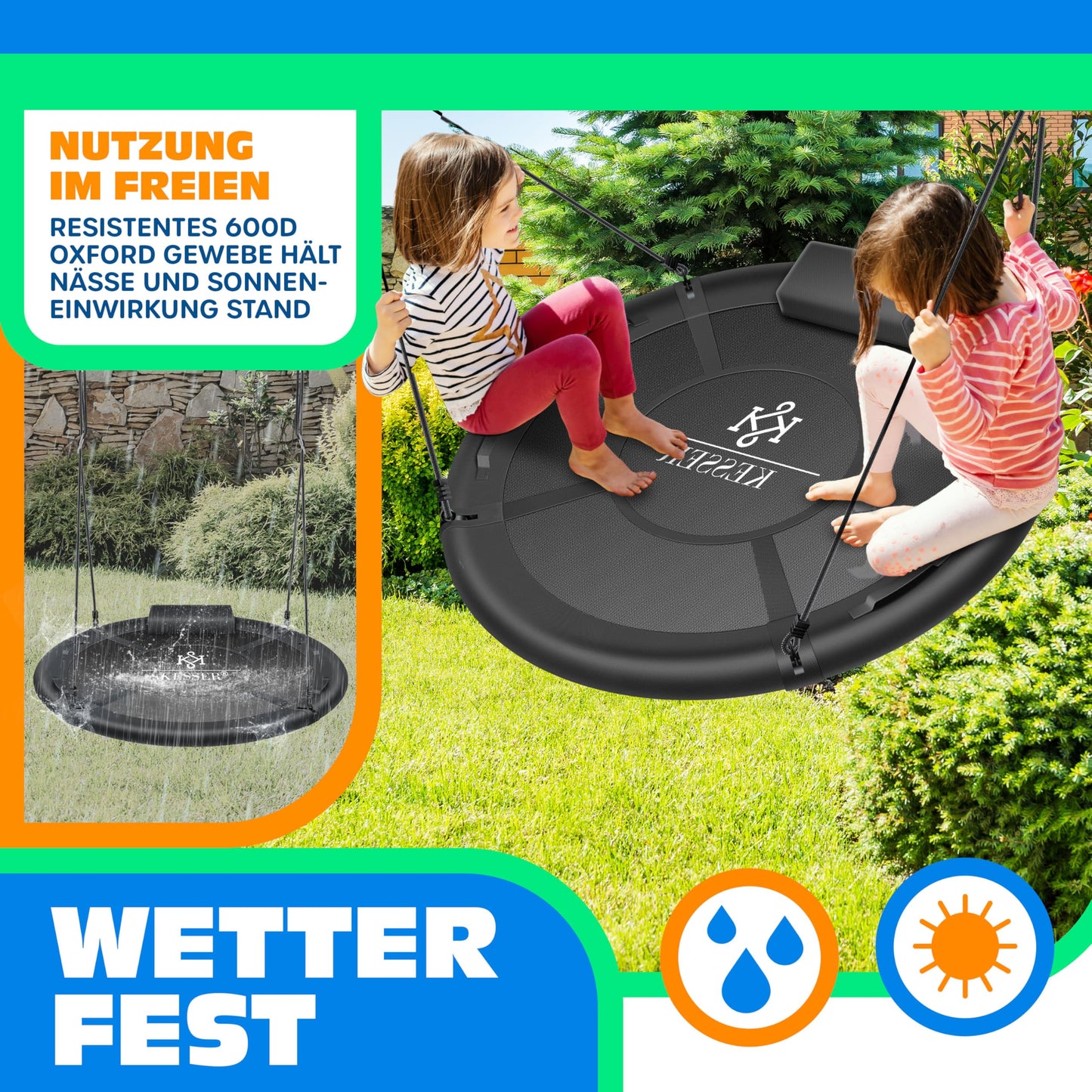 KESSER® Nest Swing Plate Swing Hanging Swing Round Swing Ø 120cm Swing Loadable up to 300kg with Cushion & 4 Handles Adjustable Children's Swing Indoor & Outdoor for Kids & Adults Charcoal Gray