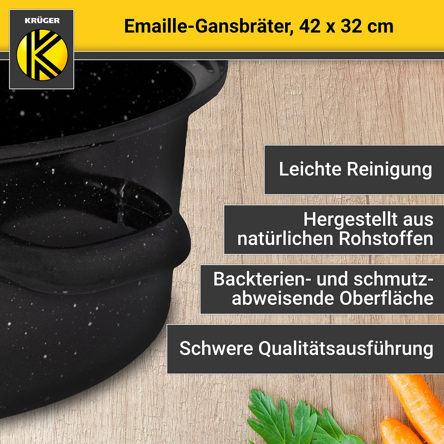 Krüger enameled roasting pan with drip lid - high-quality roaster - suitable for all types of stoves - excellent for roasts and poultry (enamel - black-white speckled (42 x 32 cm))