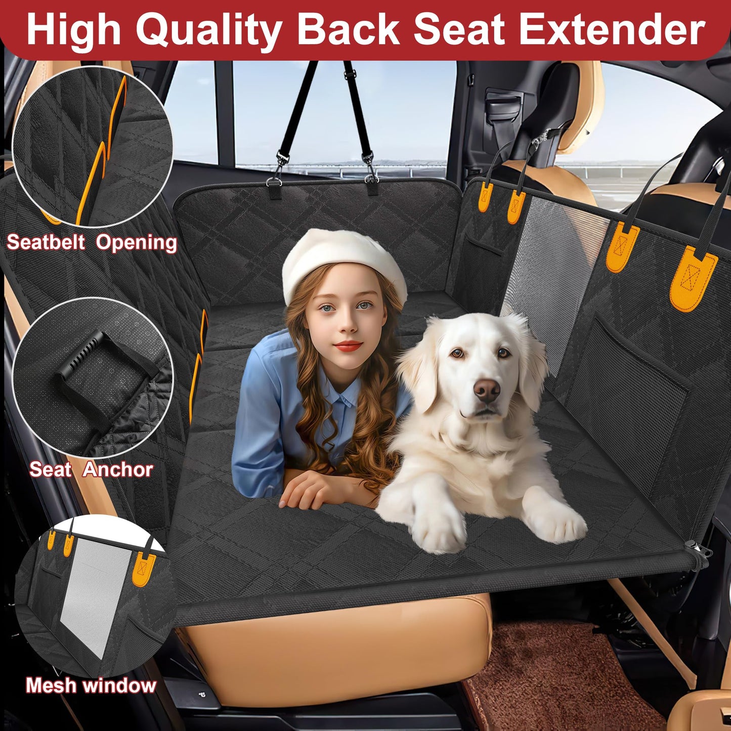 Loiion dog blanket for car back seat with hard bottom, rear seat extender for dogs, car hammock for dogs, anti-slip waterproof dog car mat for most car SUV truck, black.