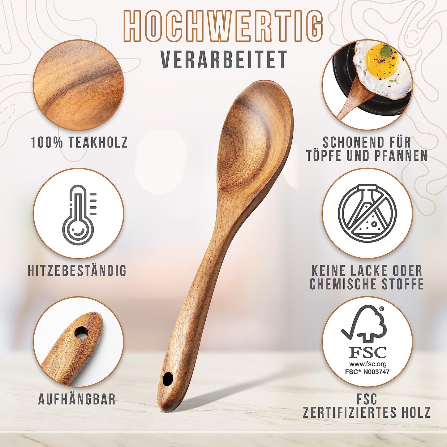 TROSTER® Kitchen Utensil Set Wood - 100% FSC - Wooden spatula, wooden spoon, wooden soup ladle, wooden skimmer - Wooden kitchen helper set - Wooden cooking utensil set - Wooden cooking utensils set