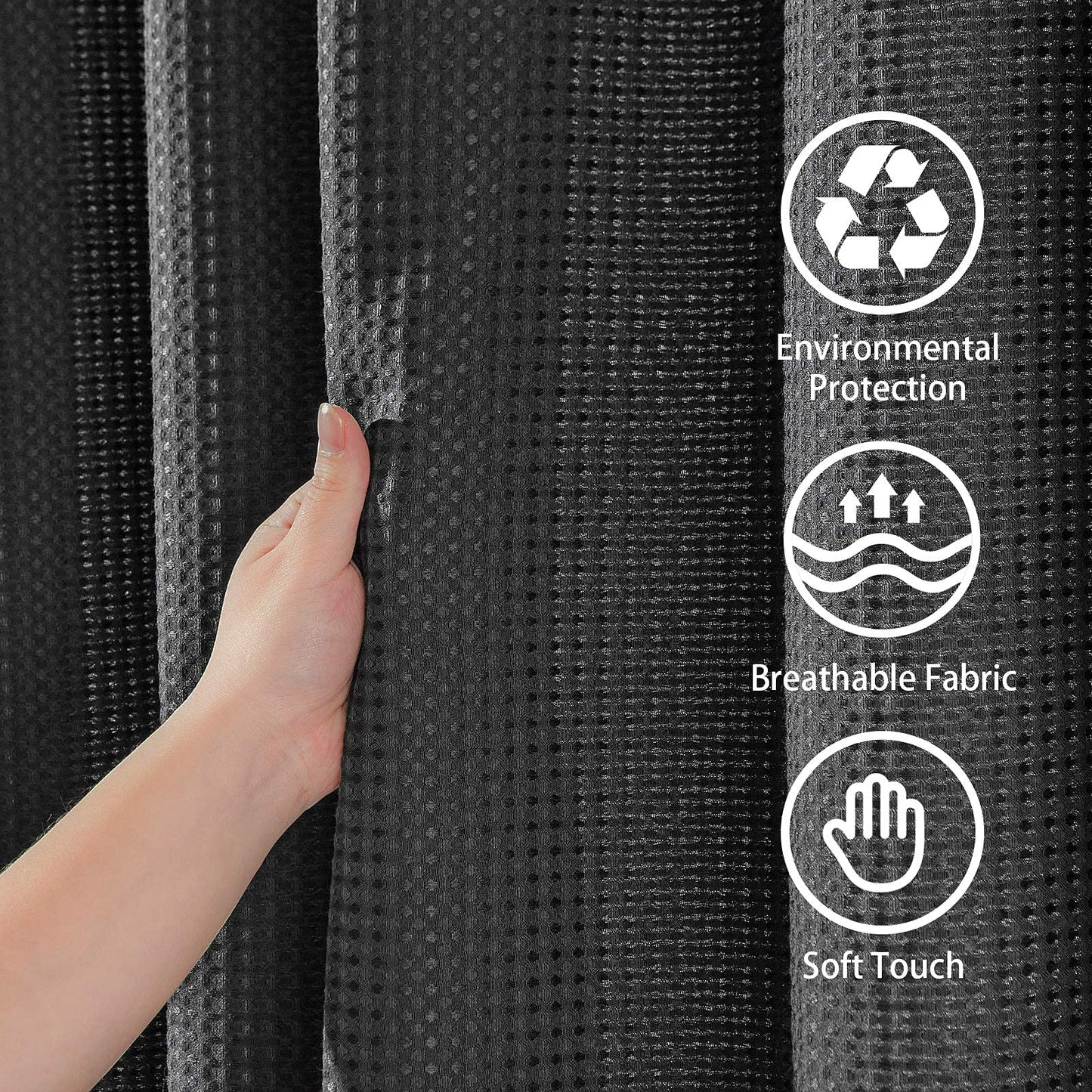 Waffle shower curtain with metal shower curtain rings fabric textile bathtub curtain anti mold bath curtain set waterproof bath curtain heavy shower curtain bathroom - 182 x 214cm (black)